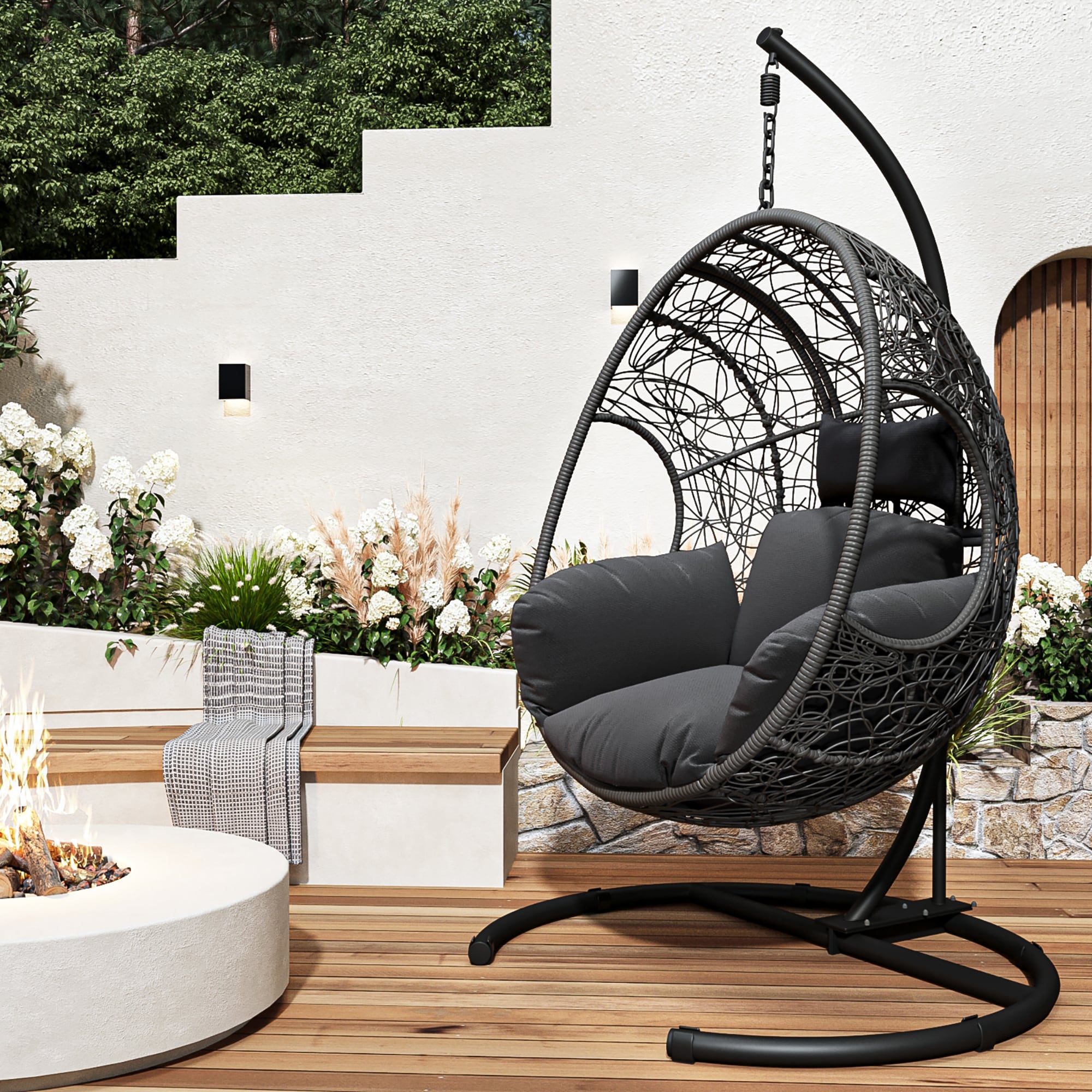 Forclover Outdoor or Indoor PE Wicker Swing Egg Chair Wicker Black Metal Frame Hanging Egg Chair with Dark Gray Cushioned Seat R4FW C03GR at Lowes