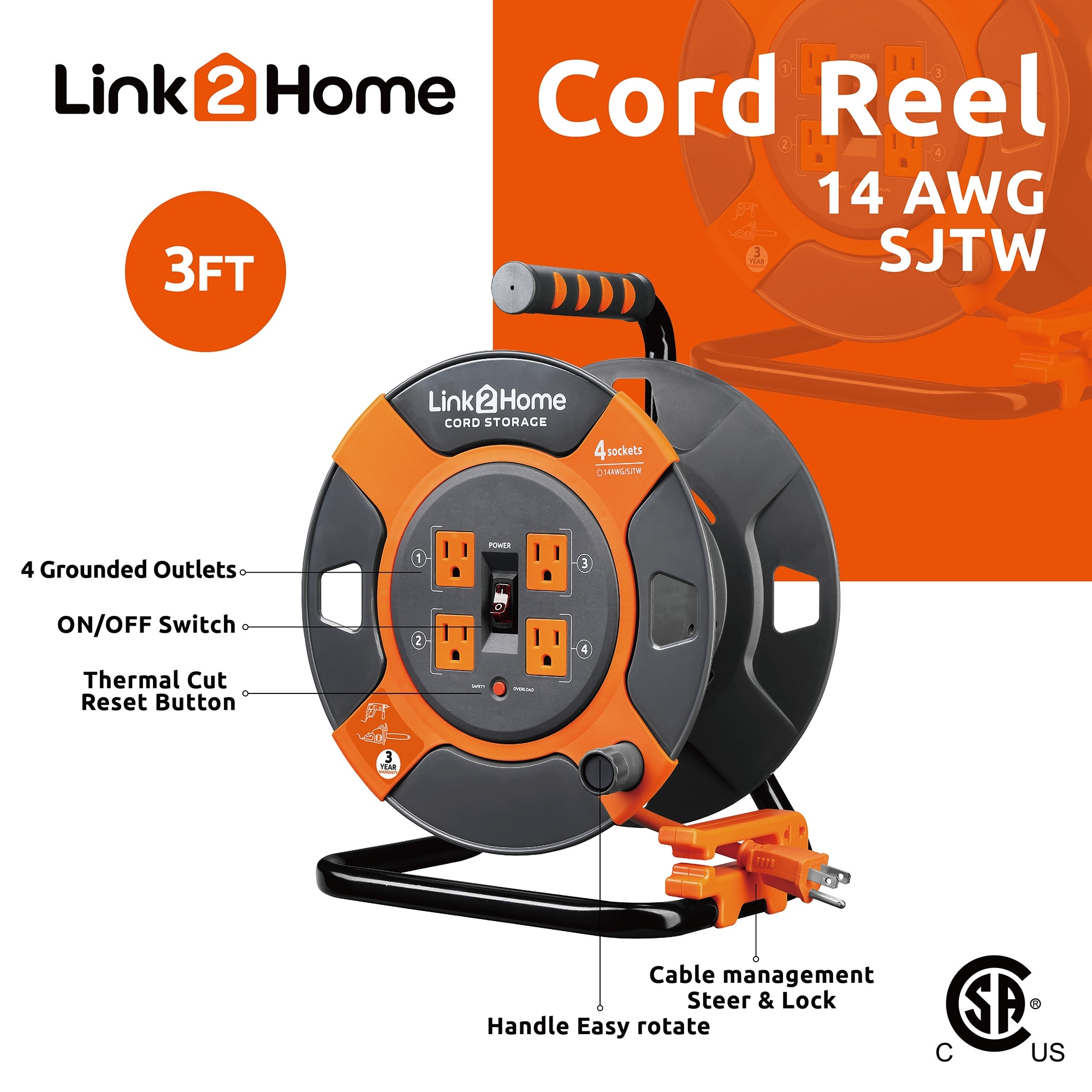Link2Home Cord Reel 25 ft. Extension Cord 4 Power Outlets 16 AWG