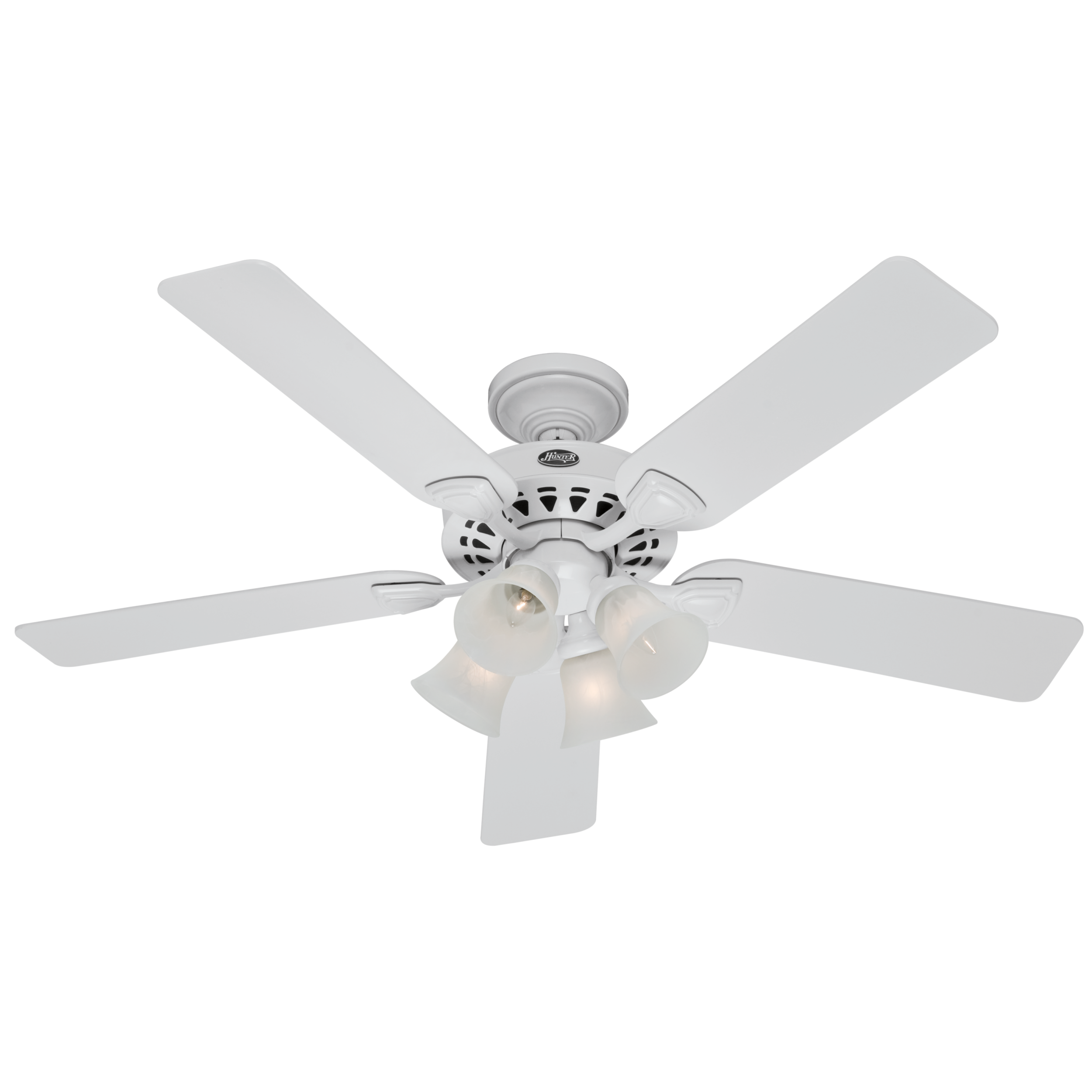 Hunter 28678 52-in Downrod or Flush Mount White with White/Bleached oak Blades Ceiling Fan With Light ( 5 -Blade )