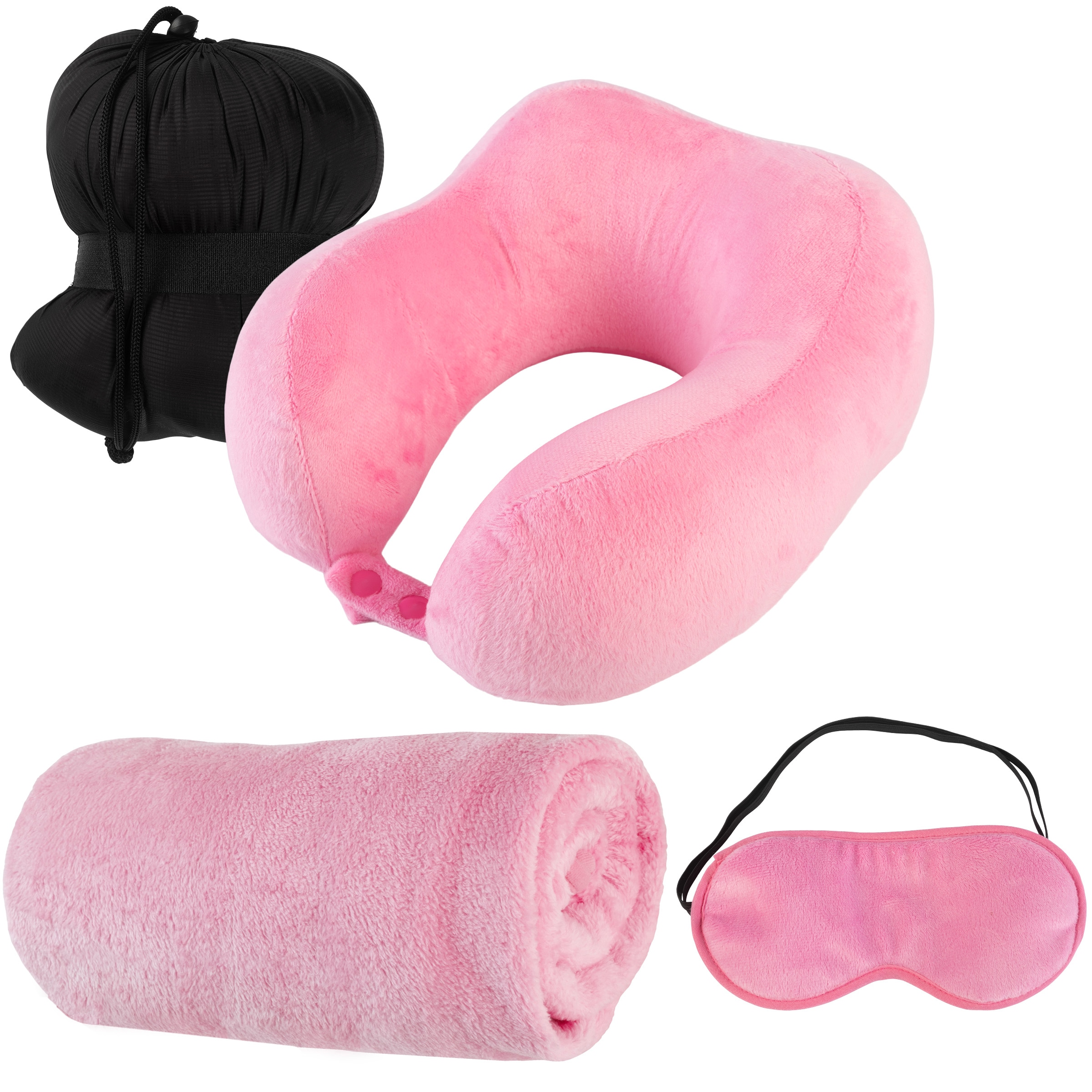 Pink Memory Foam Travel Pillow Set with Fleece Blanket and Eye Mask