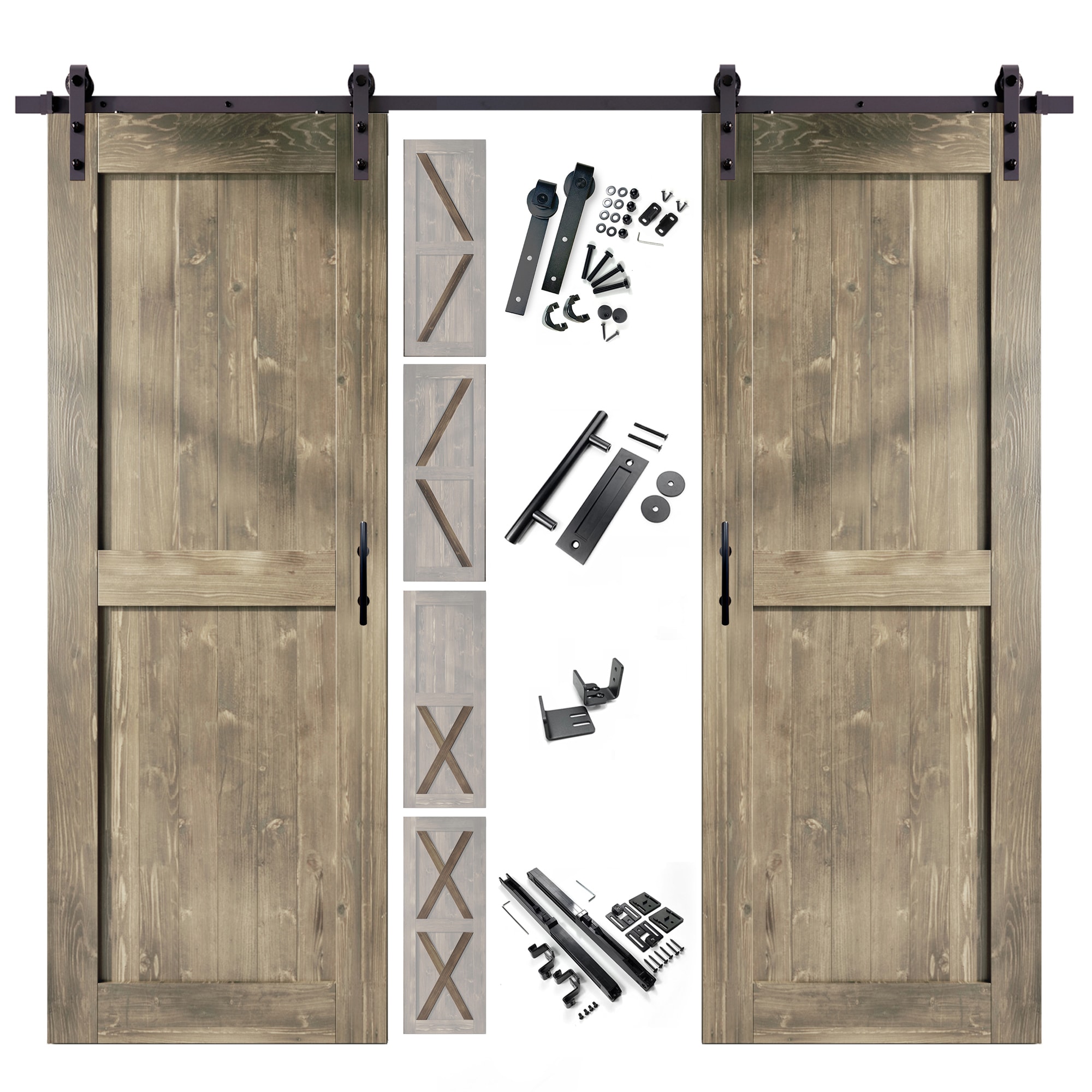 HOMACER YT2TGH156C-3880F-GR 38-in x 80-in Classic Gray Pine Wood Solid core Double Barn Door (Hardware Included)