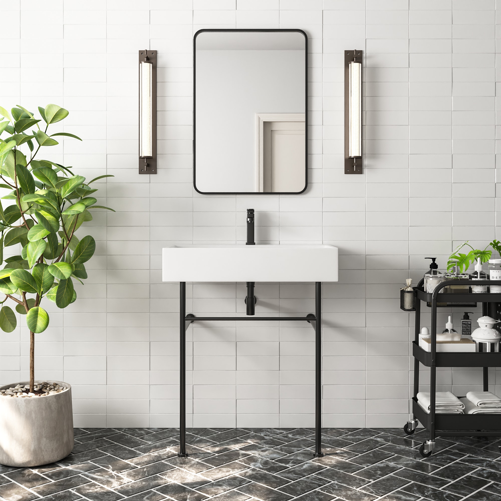 30" White Ceramic Console Sink with Black Stainless Steel Legs