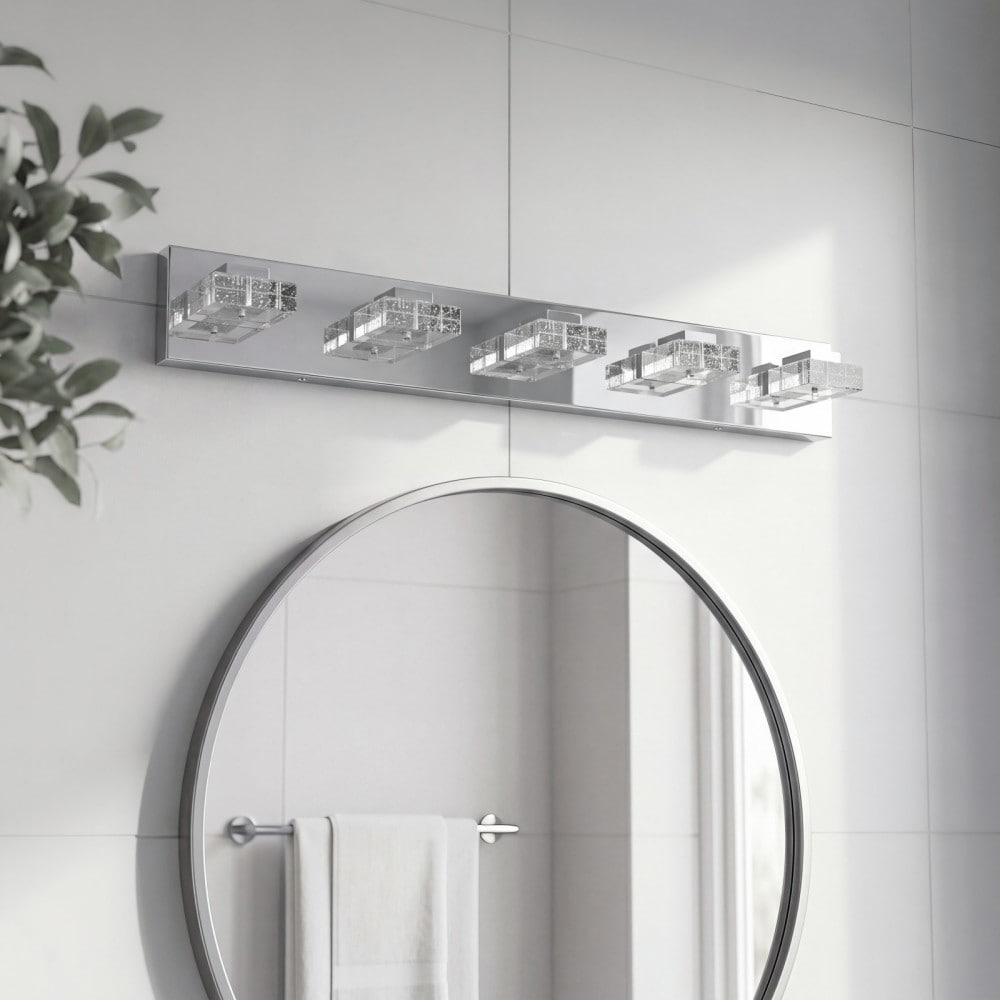 Basdien 31 in Chrome Modern LED Vanity Light 5 Light Square Acrylic Lampshades Wall Mount Fixture for Bathroom Mirror Makeup Area Dimmable High CRI 80 Energy Efficient Saves 80 Percent Power 50000 Hour Life Easy Install No Bulbs Needed