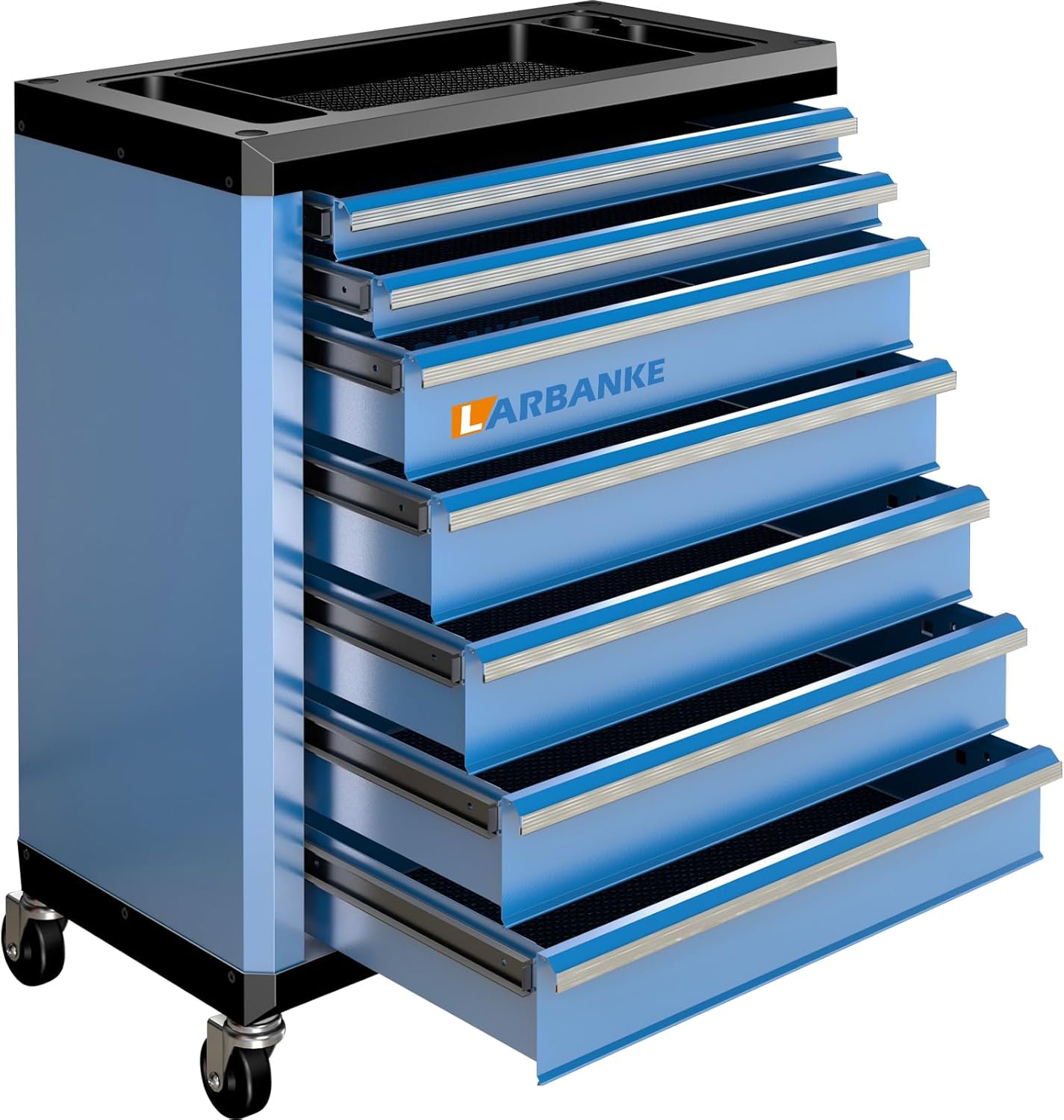 LARBANKE  7 Drawer Rolling Tool Chest with Lock and Keys and Swivel Casters Tool Chest with Multi Sizes Drawers and Multifunctional Countertop Special Connect Rods for Connection with 5 Drawer Tool Cabinet