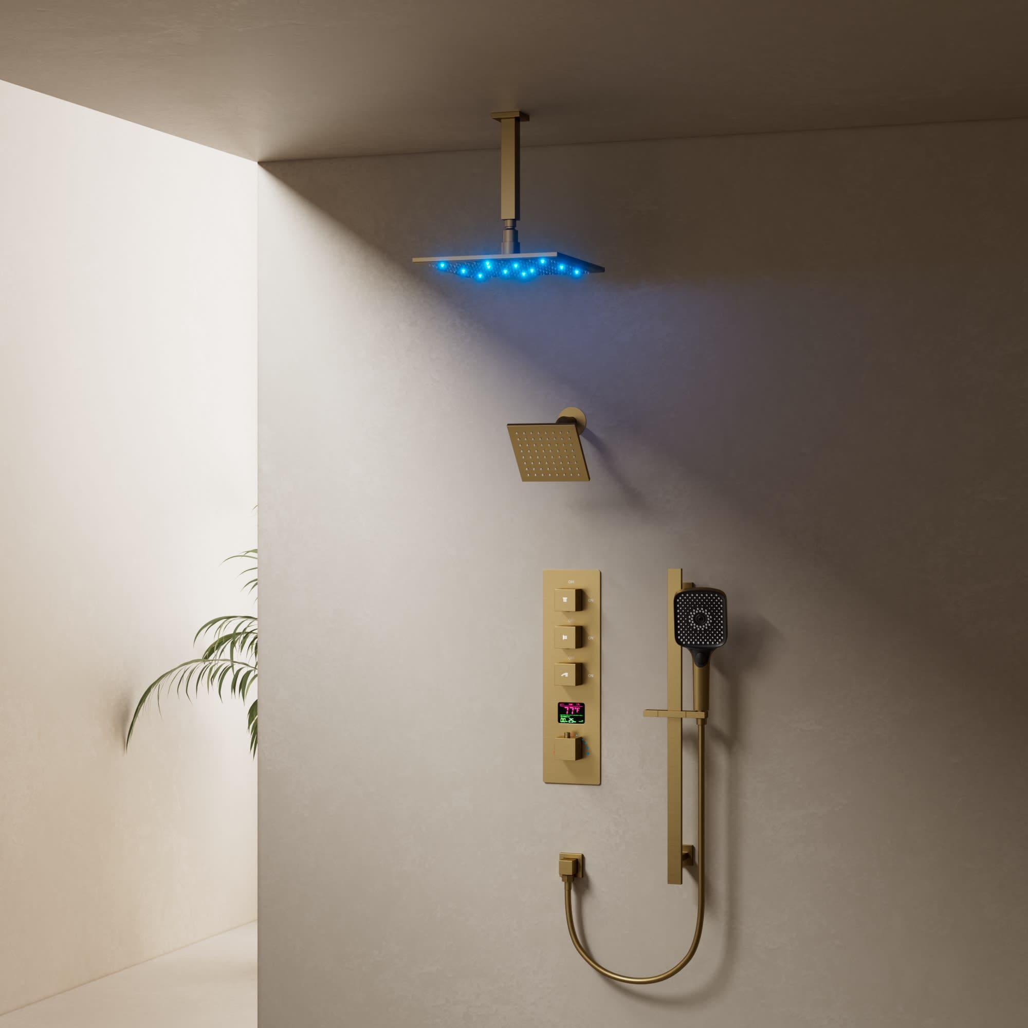 EVERSTEIN SFS-1071-GD12 Thermostatic Digital Dual Shower System Set with 12-in LED Rainfall Shower Head and 4-Function Hand Shower in Gold