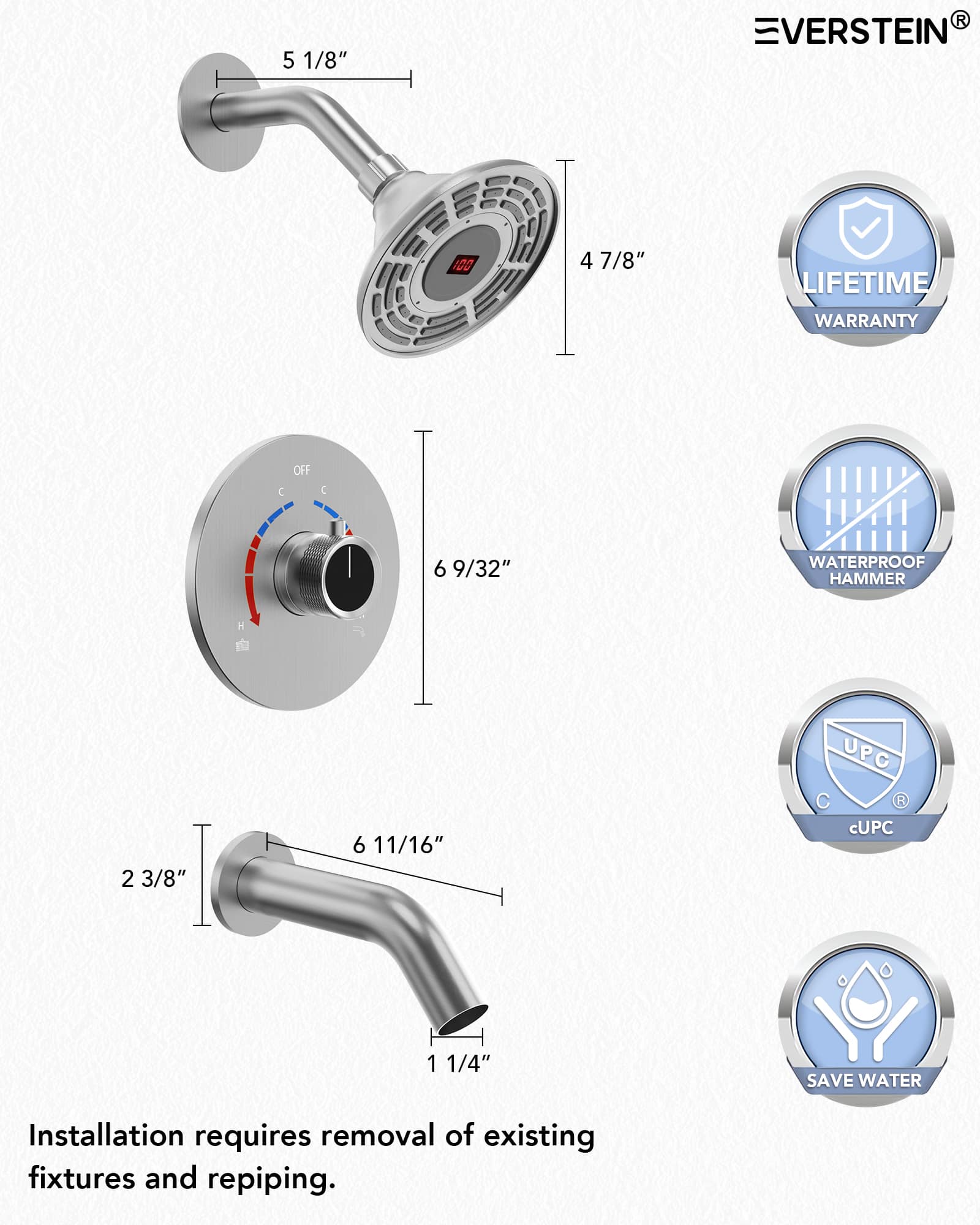 EVERSTEIN SFS-1018-NK5 Showerhead-Bar-Panels - View #10