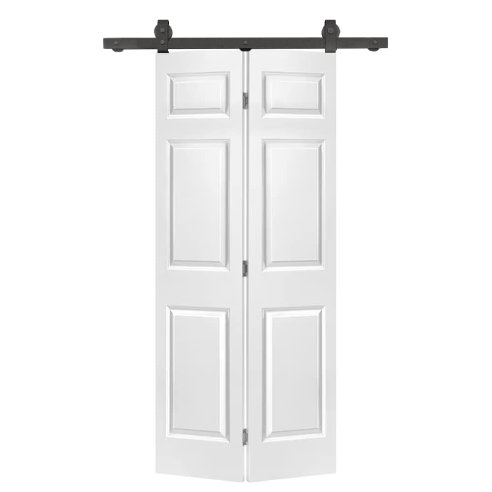 RITSU - 30 in x 80 in MDF Composite 6-Panel White Painted Bi-Fold Barn Door with Sliding Hardwar...