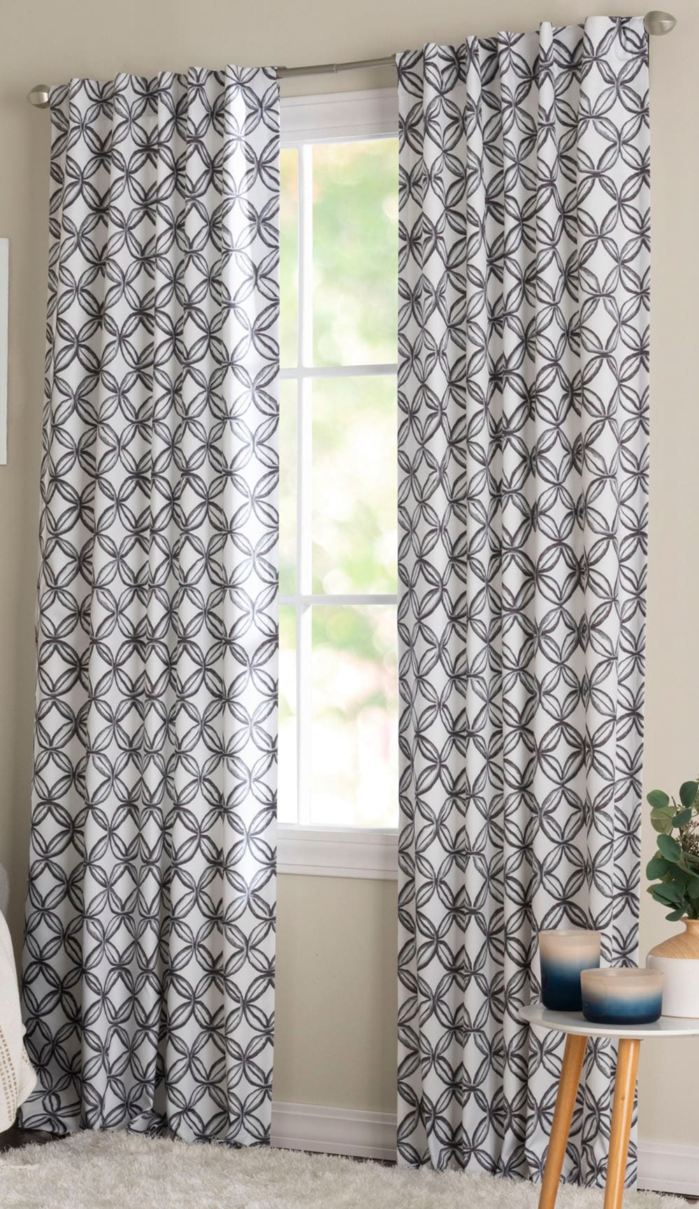 LIVING LOGIC X785  .07395ZBG 95.0-Inches Grey Geometric Blackout Thermal lined Back tab Single curtain panel