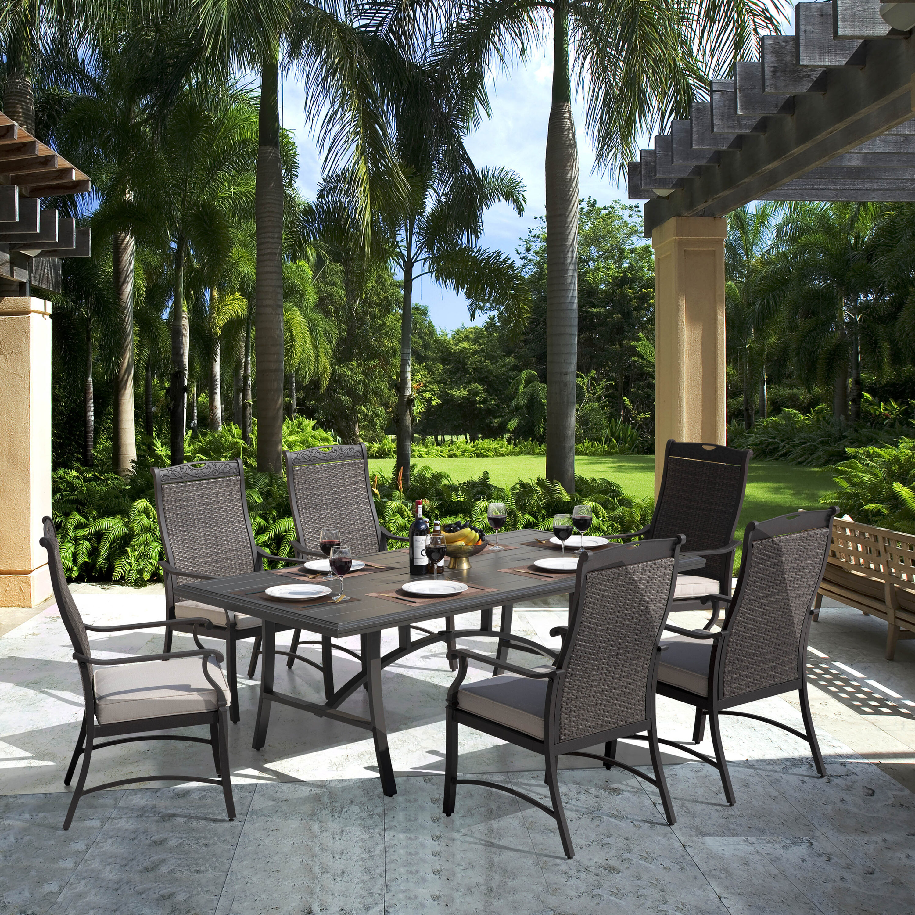 Patio time 7-Piece Black Rattan Patio Dining Set Aluminum Rectangle ...