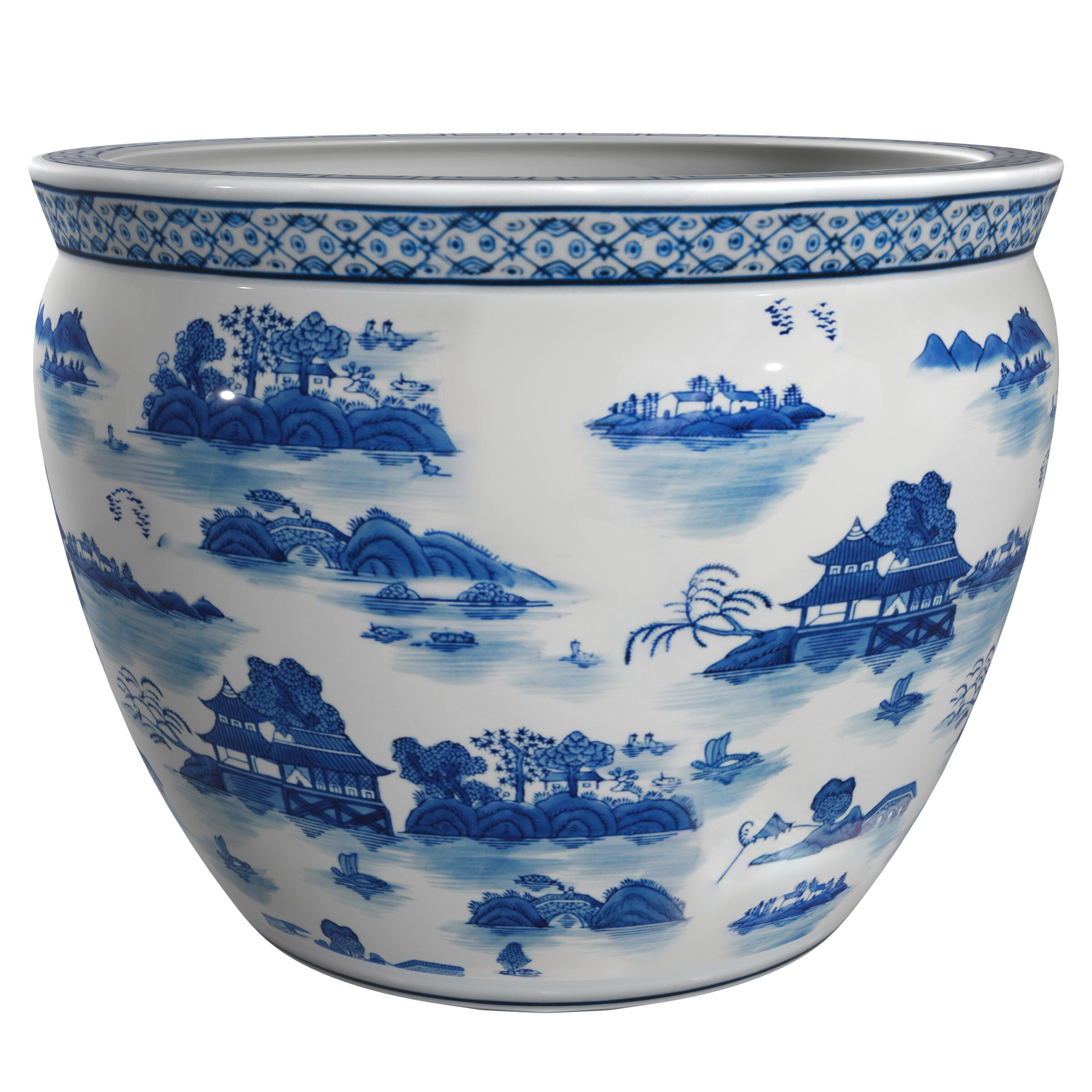 Red Lantern BW-12FISH-BWLS Round 12-Inches W Medium Blue Porcelain Indoor/Outdoor Planter