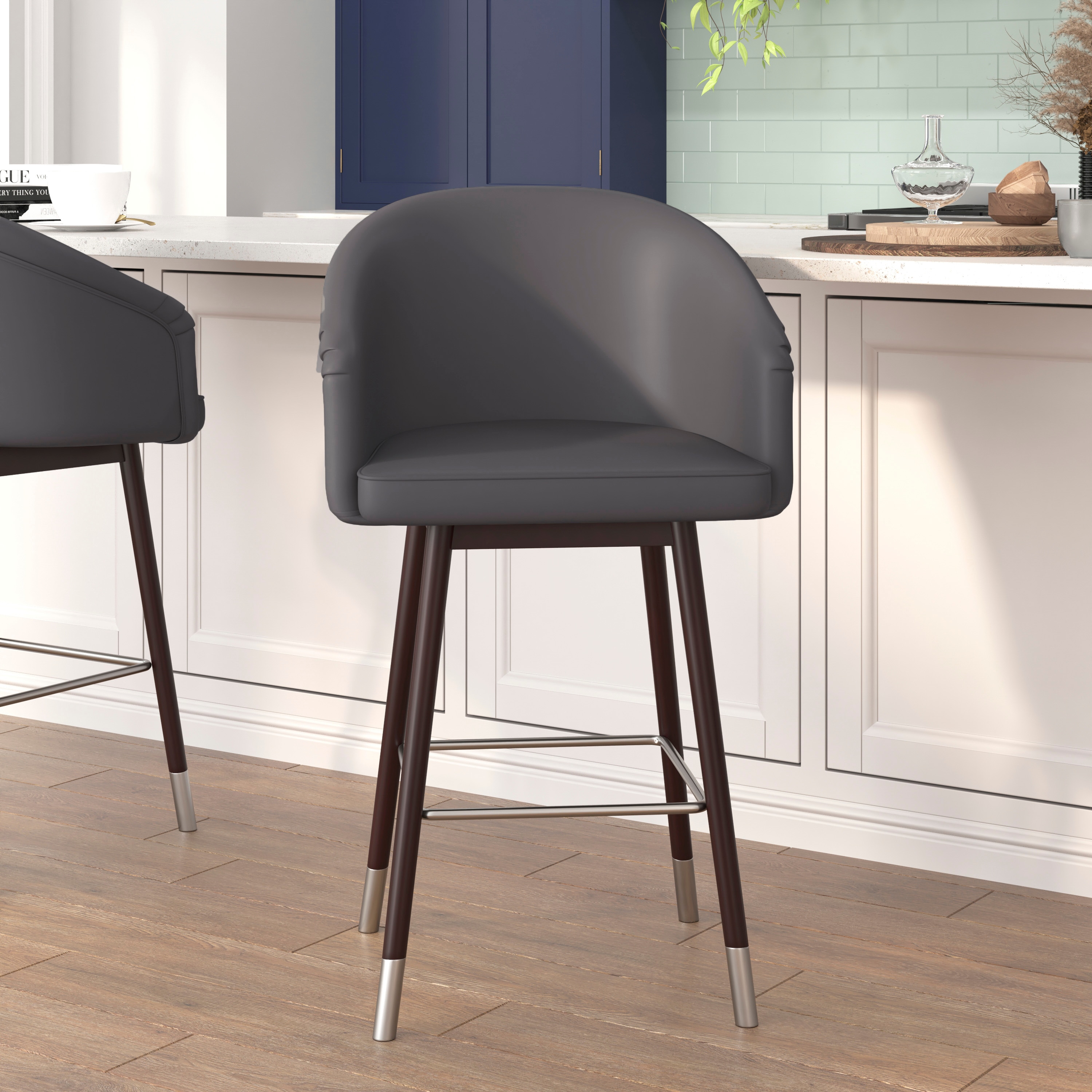 Flash Furniture 196861026188 Margo 26-in Commercial Mid-Back Modern Counter Stool; Walnut Finish Beechwood Legs and Contoured Back; Gray LeatherSoft/Bronze Accents - Set of 2