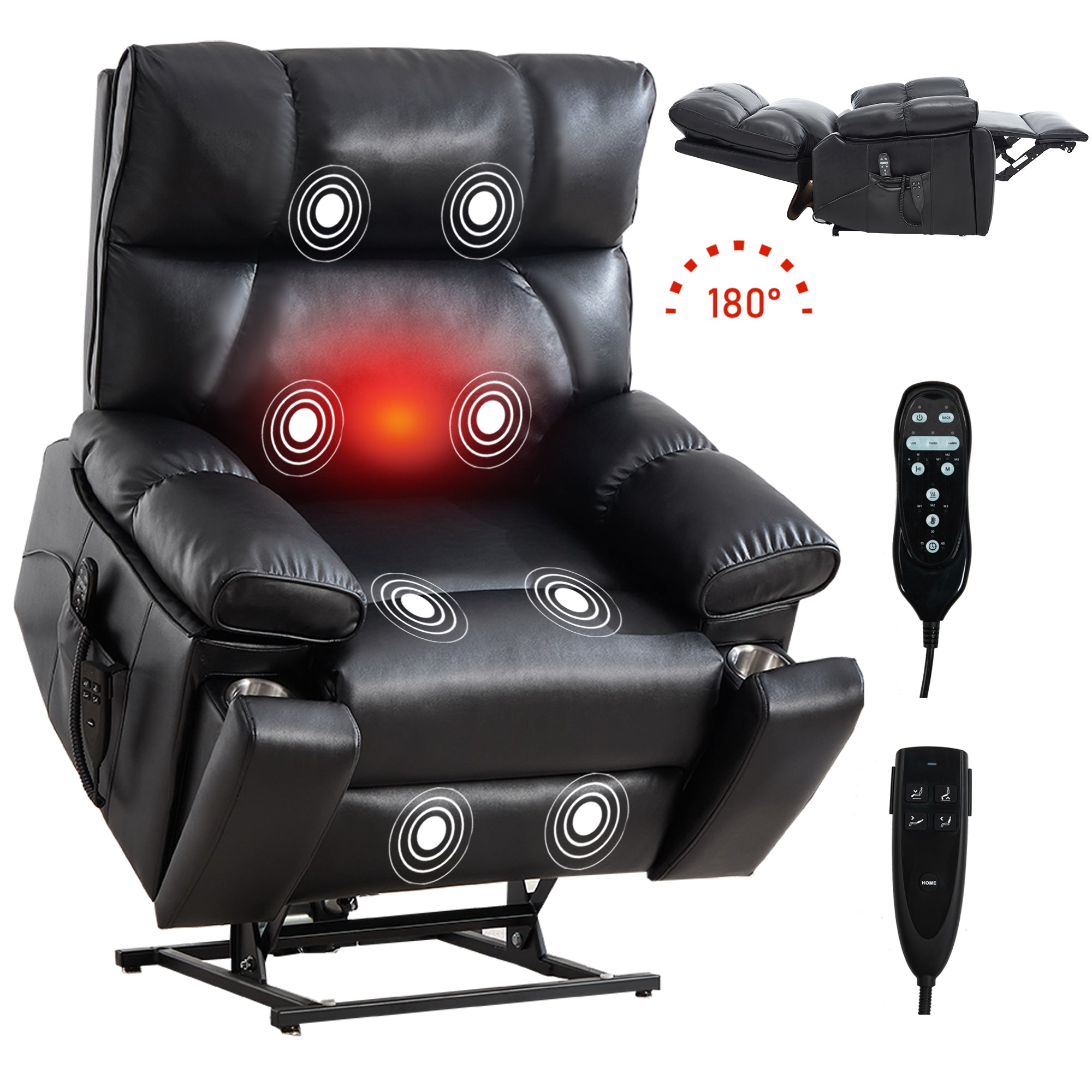Boyel Living Black Leatheraire Heat Massage Dual Motor Infinite Position Up to 350 LBS Large Electric Power Lift Recliners with Hidden Cup Holders