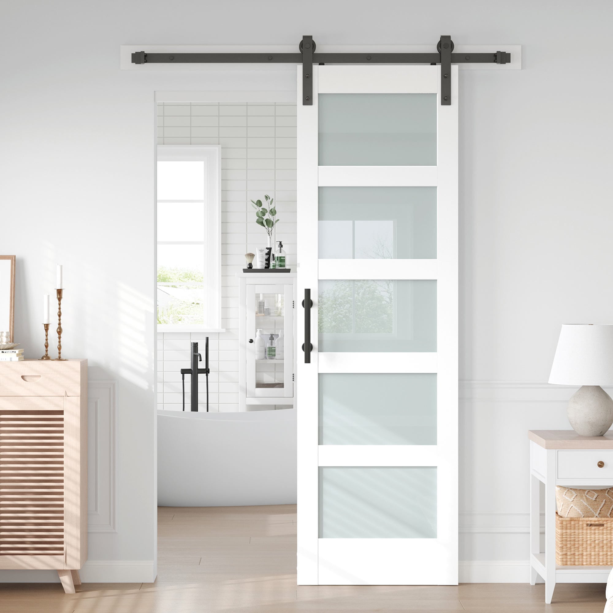 Fredbeck 26-in x 84-in Frosted Glass White Finished MDF Wood Solid Core Single Barn Door (Hardware Included) #SBD05H610-26