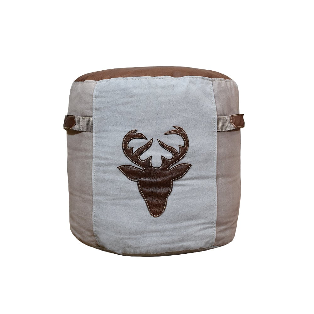 Rugsotic Carpets -  Round Shaped Canvas Leather Handmade ECO-Friendly Beige Gray Pouf - Round Sha...