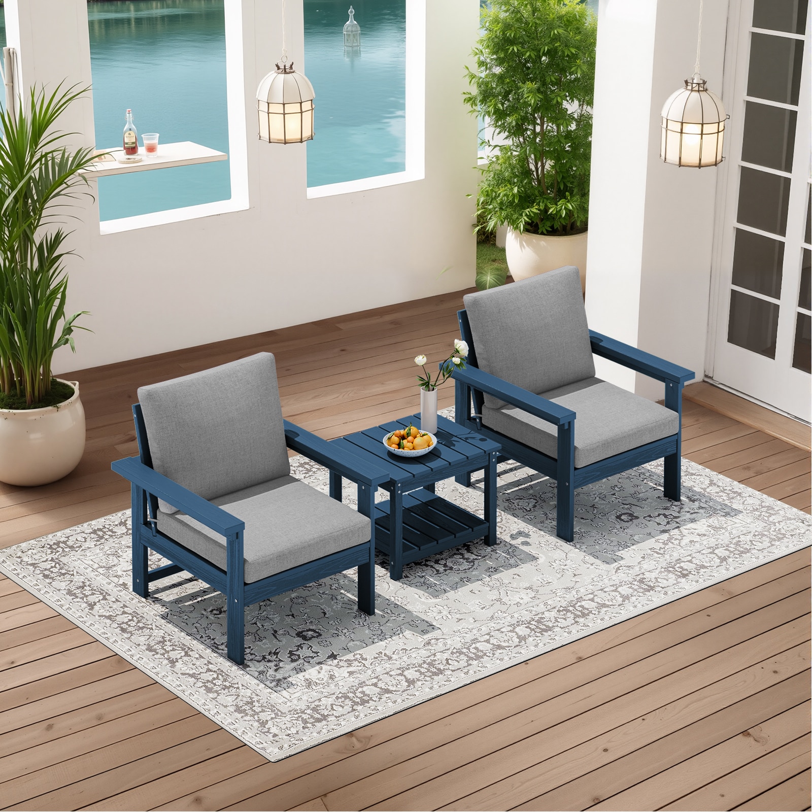 VOUA ZHSF03-BJ-NG Patio Conversation Set for 2 with Side Table 3 -Piece Patio Conversation Set with Gray Cushions