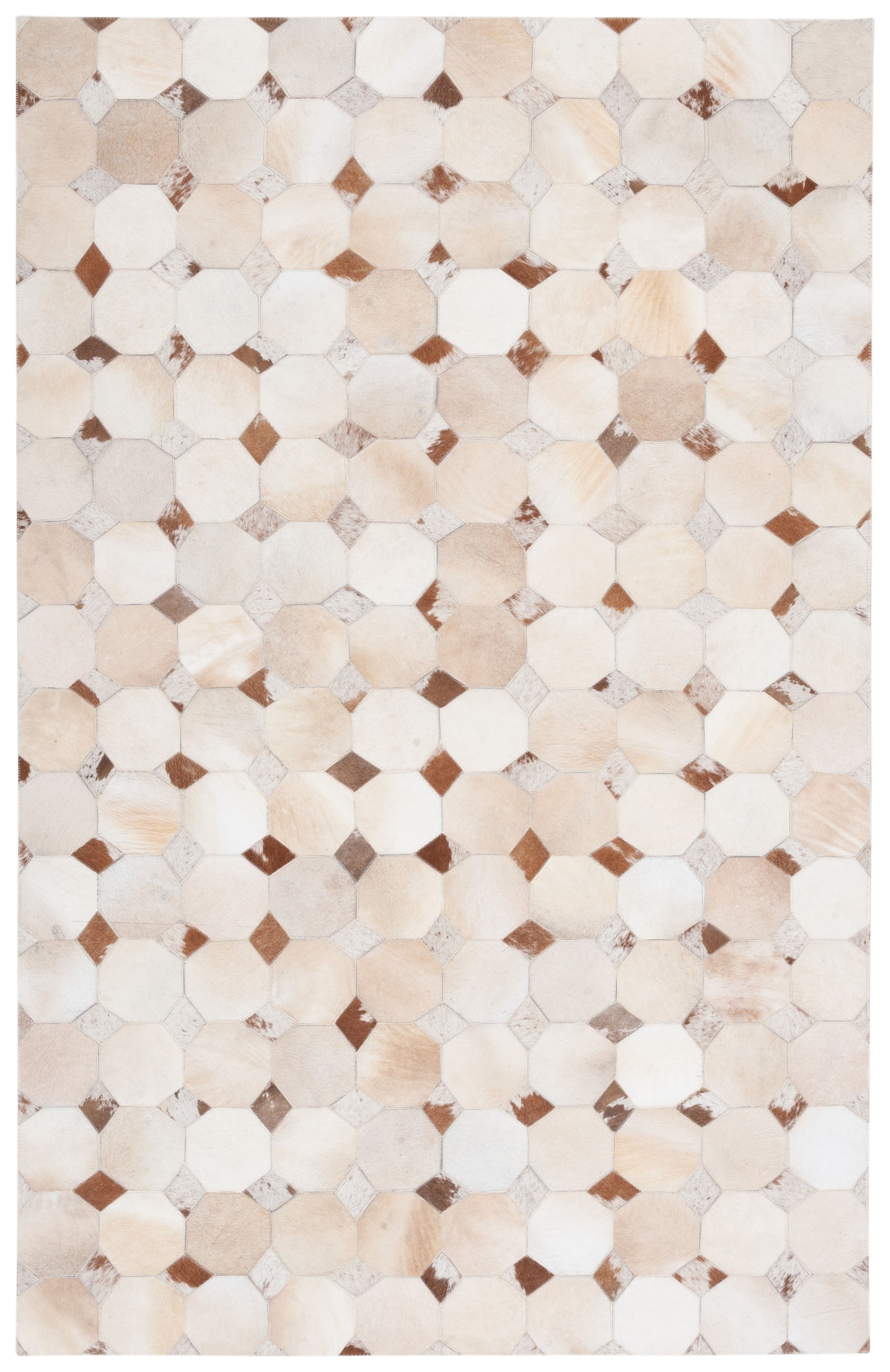 Ivory Geometric Hand-Stitched Cowhide Fur Rug 5' x 8'