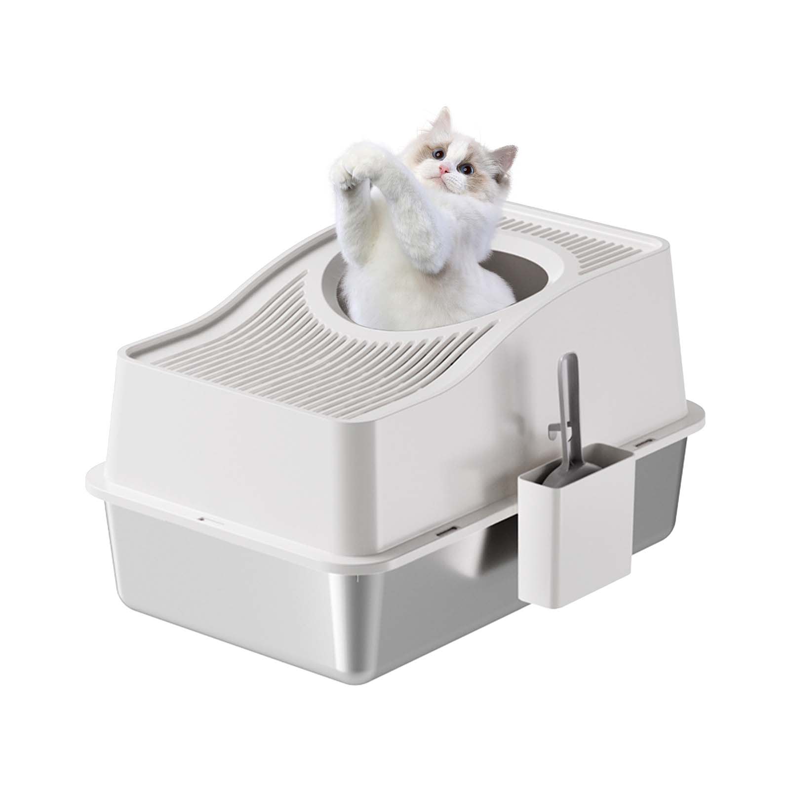 Qeetex NL-PPS-335DD9BK 15 High White Stainless Steel Enclosed Cat Litter Box With Ventilated Lid High Walls Anti Splash Anti Tracking Top Entry Odor Control