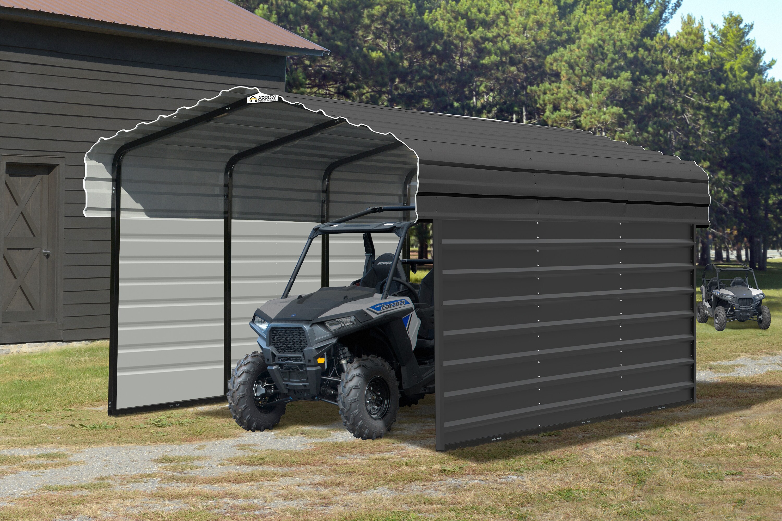 Charcoal Galvanized Steel Carport with 2-Sided Enclosure, 10' x 15' x 7'
