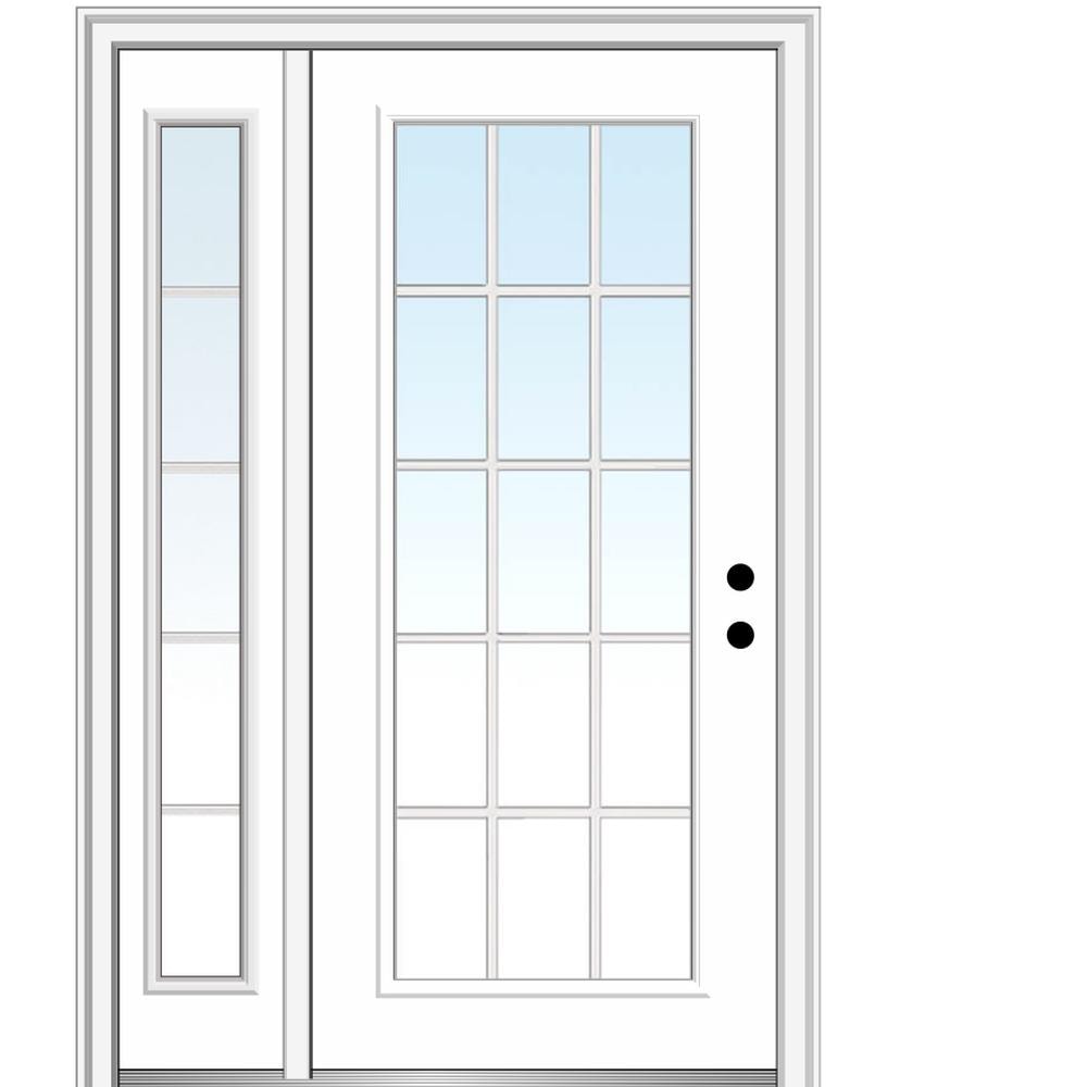 MMI DOOR ZZ29241L 48-in x 80-in x 6-9/16-in Fiberglass Full lite Left-hand inswing Primed Prehung Front Door with Left Sidelight with Brickmould Insulating core with Grilles