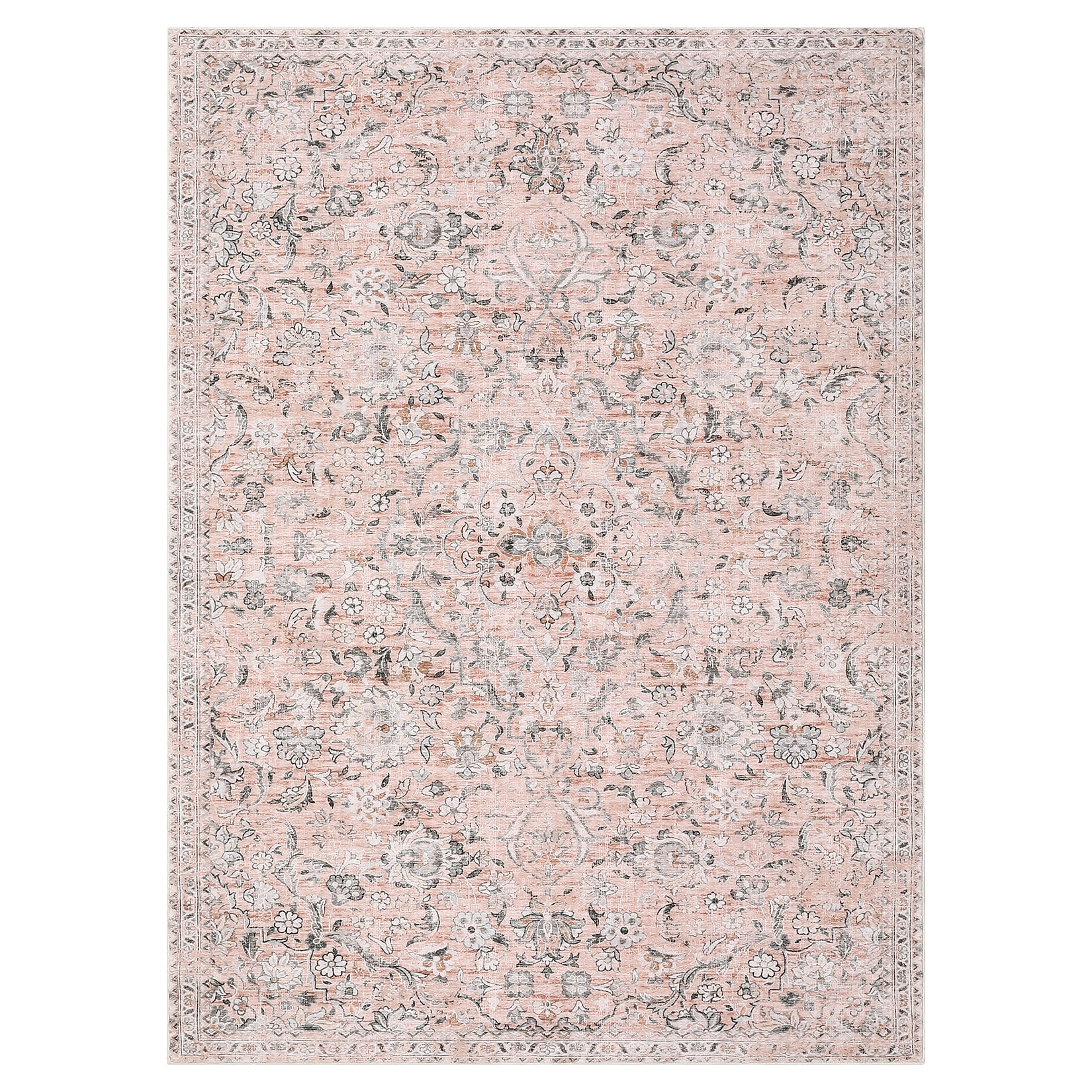 Qeetex 8 x 10 (ft) Polyester Pink Rectangular Indoor Distressed/Overdyed Oriental Machine washable Pet Friendly Area rug