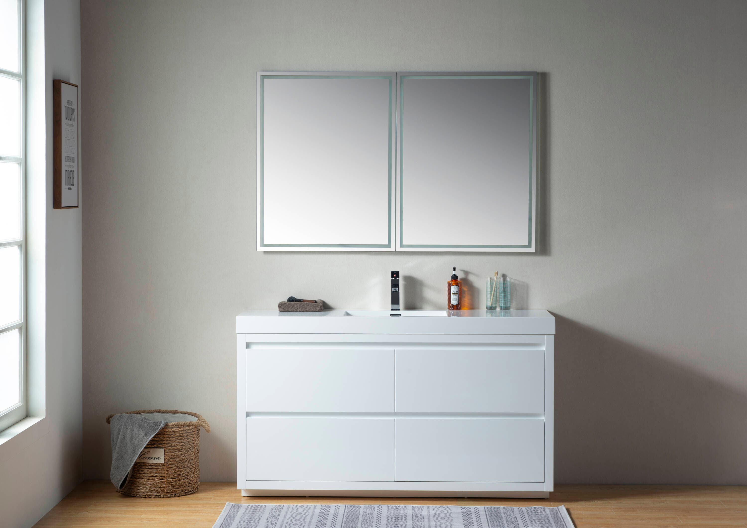 Glossy White 60-Inch Single Sink Bathroom Vanity with Resin Top