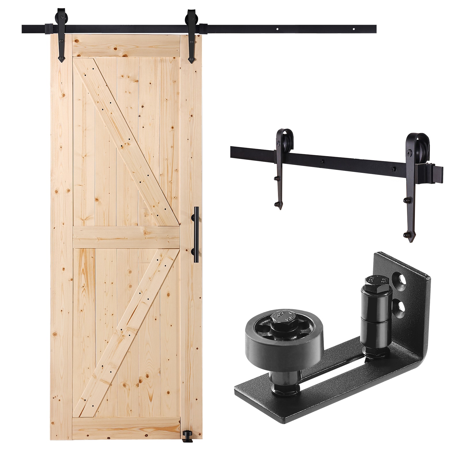 GIVIMO 30-in x 84-in Sliding Barn Door and Hardware Kit Spruce Wood Panelled Slab with 8-in-1 Floor Guide and Handle