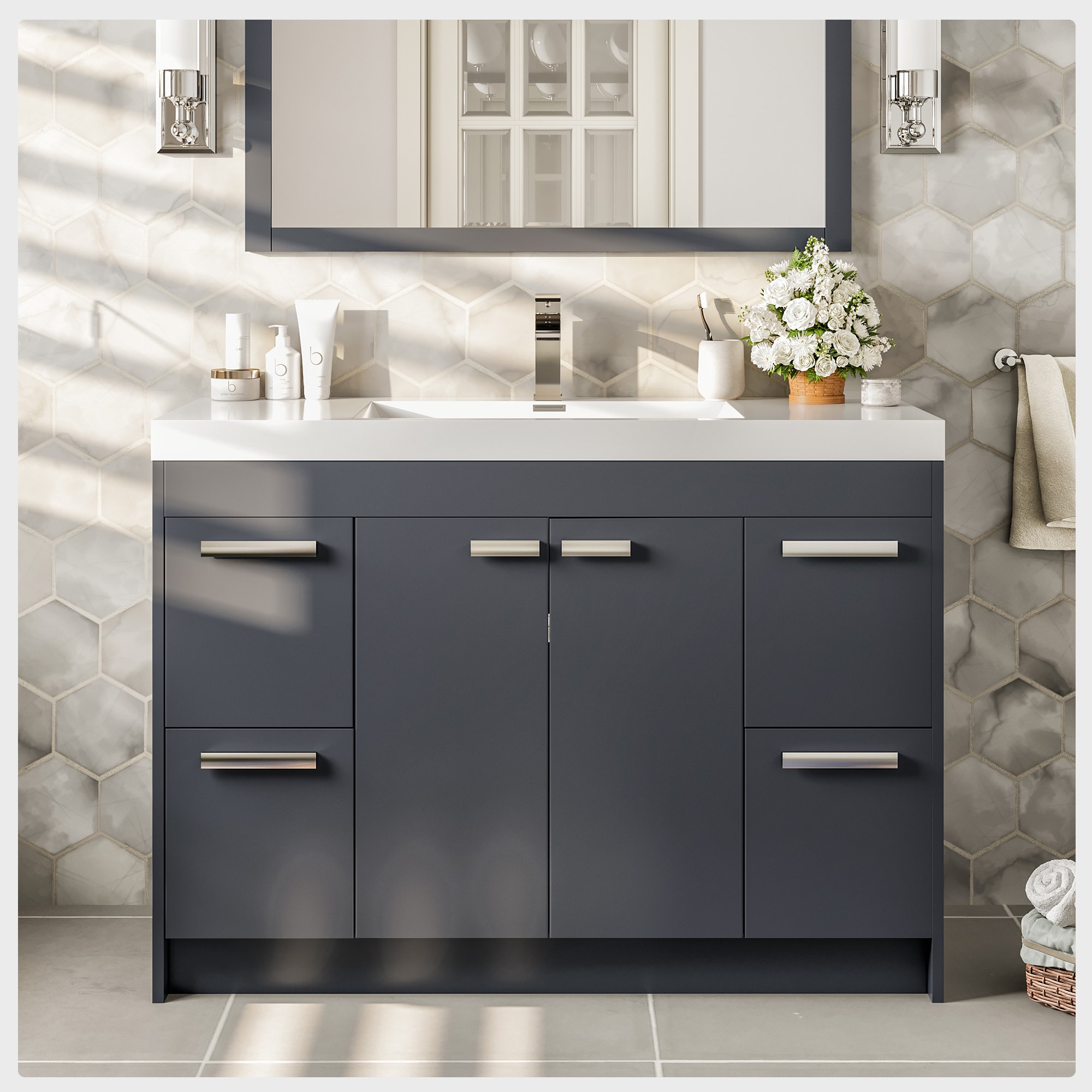 Eviva EVVN1000-8-42GR Lugano 42-in Gray Single sink Bathroom Vanity with White Acrylic Top