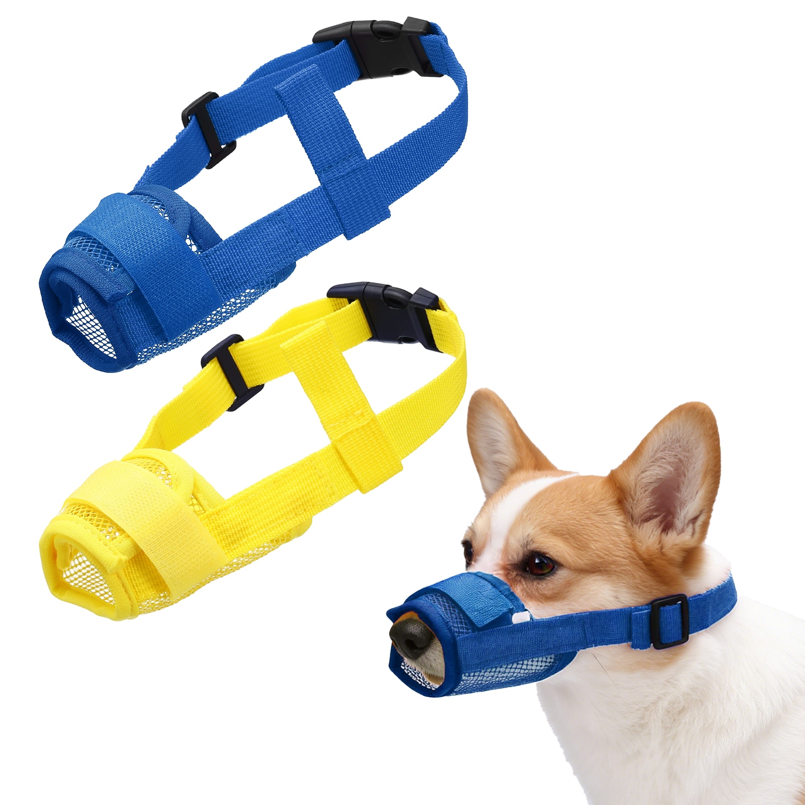 Unique Bargains Dog Muzzle Soft Mesh Muzzle Adjustable Anti Biting Chewing Breathable Drink Mouth Guard Cover (2pcs Yellow Blue M) for Small Medium Puppies/Grooming/Walking/Vet Visiting