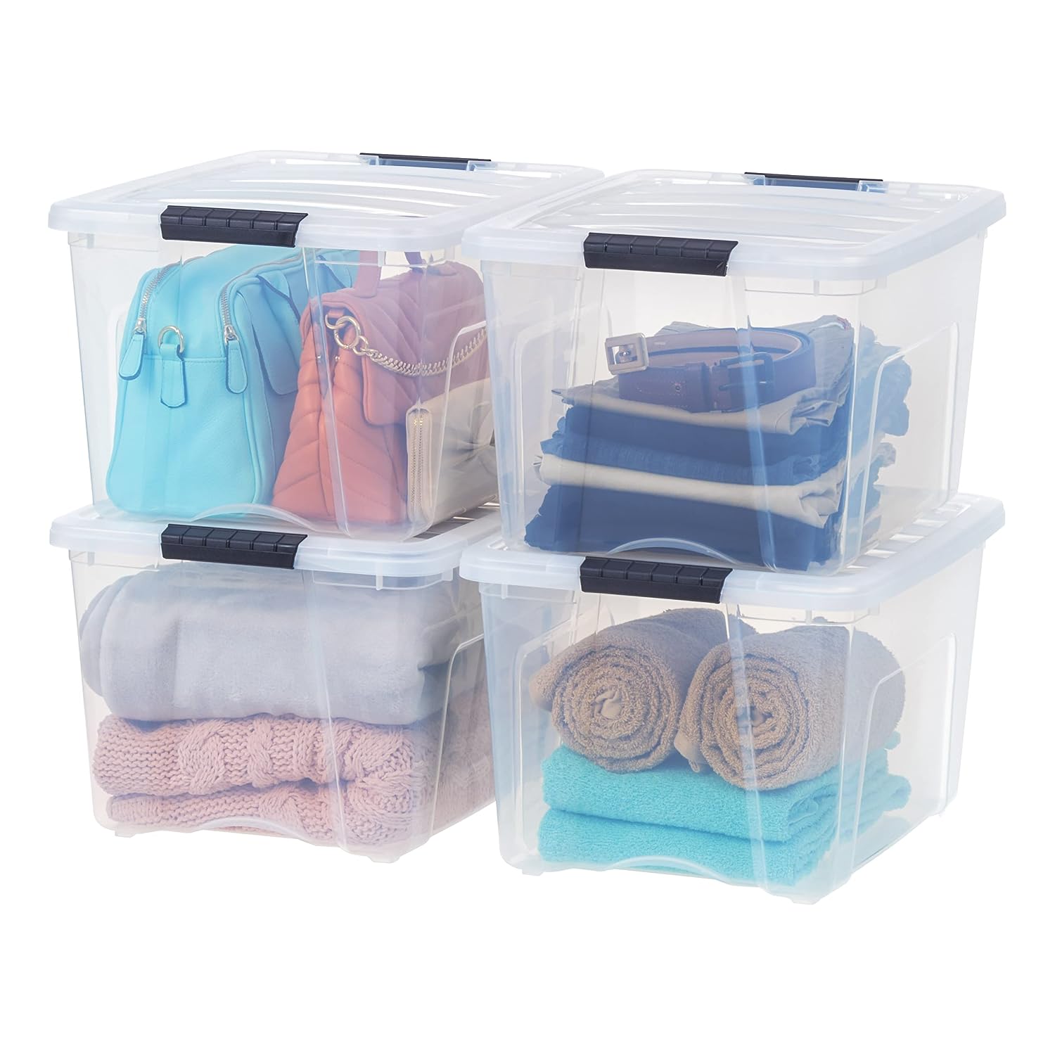 SPACELEAD 40 Quart Clear Stackable Storage Bins with Locking Lids and Pull Handle 4-Pack Made in USA