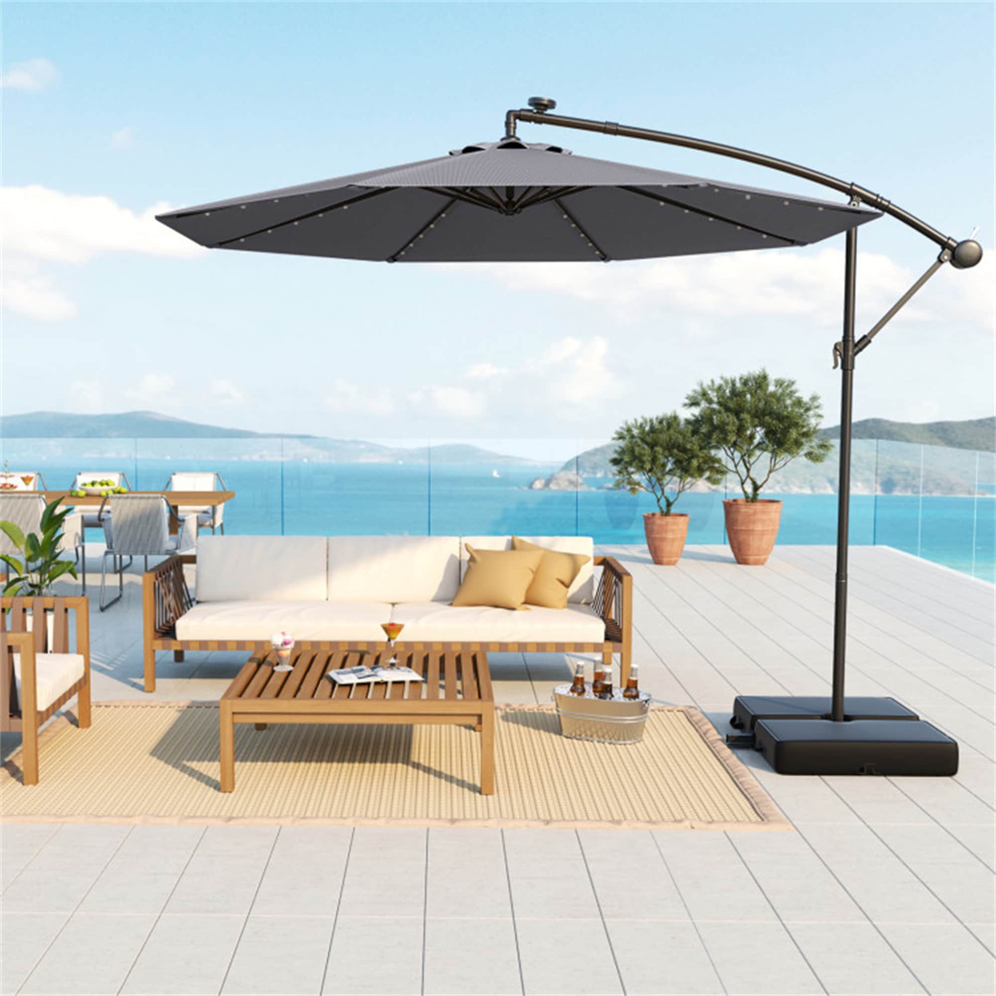 BABOOM BOM-09GN-CO 10-ft Steel Gray Slide-tilt Offset Patio Umbrella with Lights with Base
