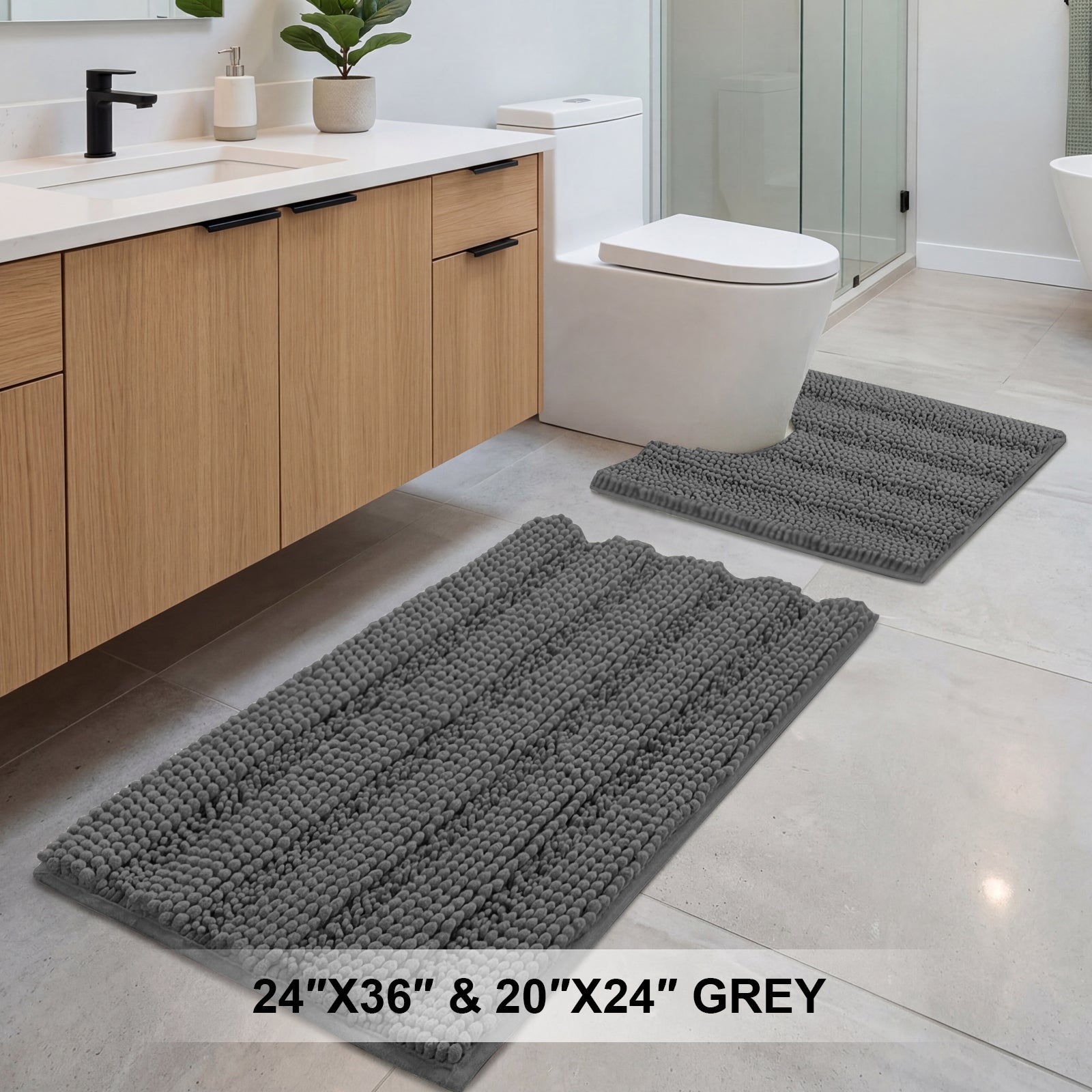 H.Versailtex  2Piece Grey Chenille Bath Rug Set ExtraThick Striped Shaggy Bath Mats NonSlip 24 x 36 in