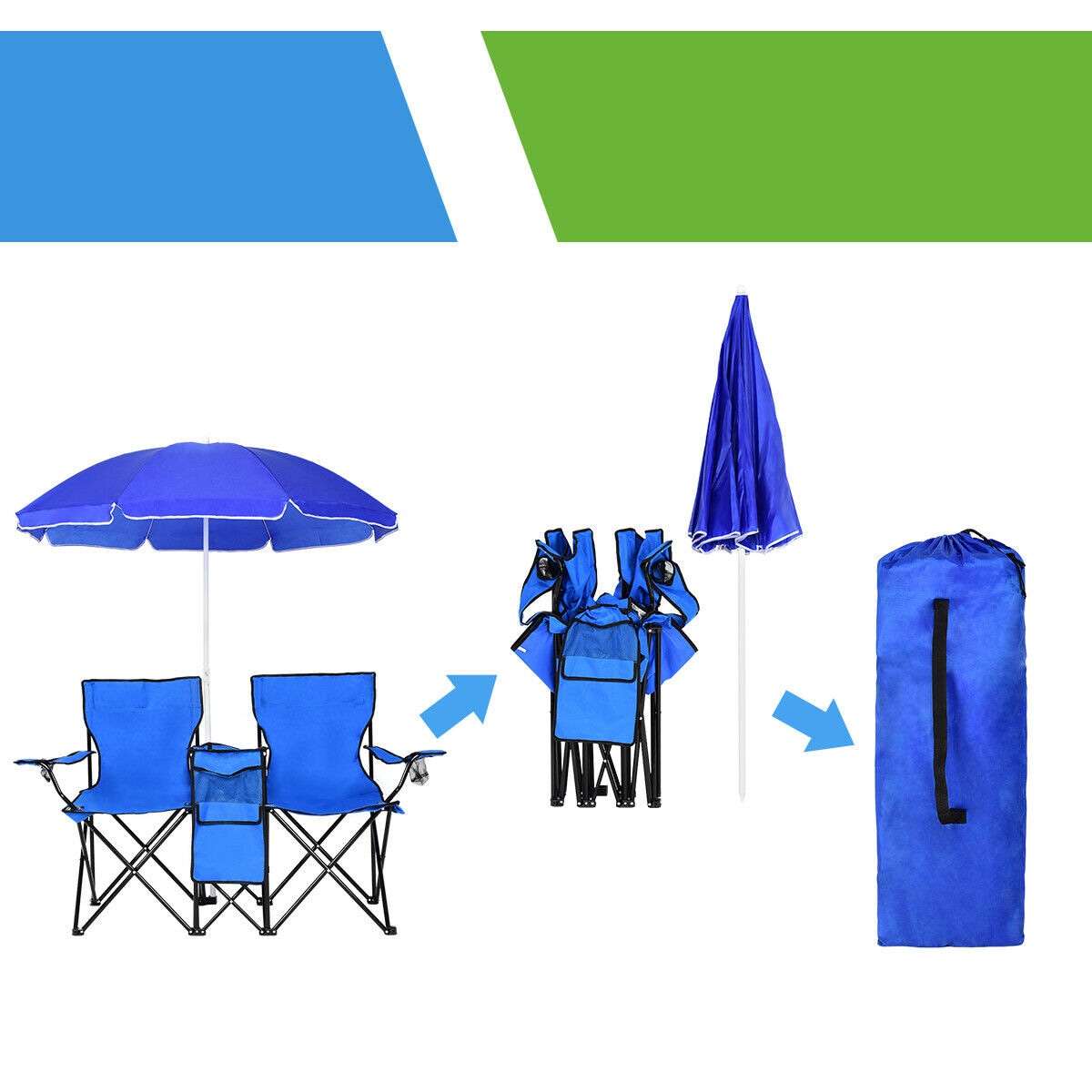 Blue Portable Folding Picnic Double Chair with Umbrella and Cooler