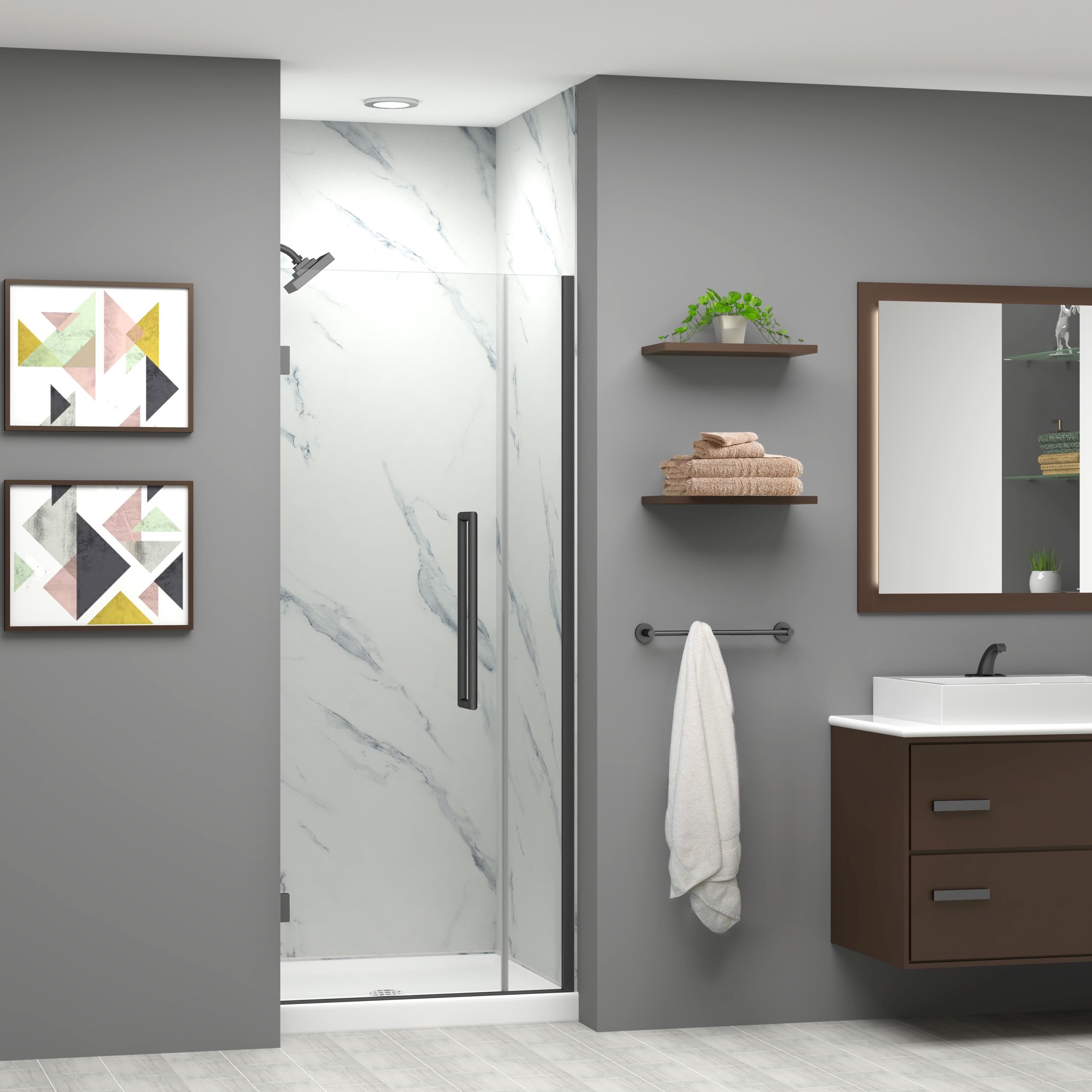 Transolid EHTB315257610C-T-MB Elizabeth Matte Black 31-1/2-in to 32-in W x 76-Inches H Semi-frameless Hinged Soft Close Shower door 5/16-in Thick Clear Glass