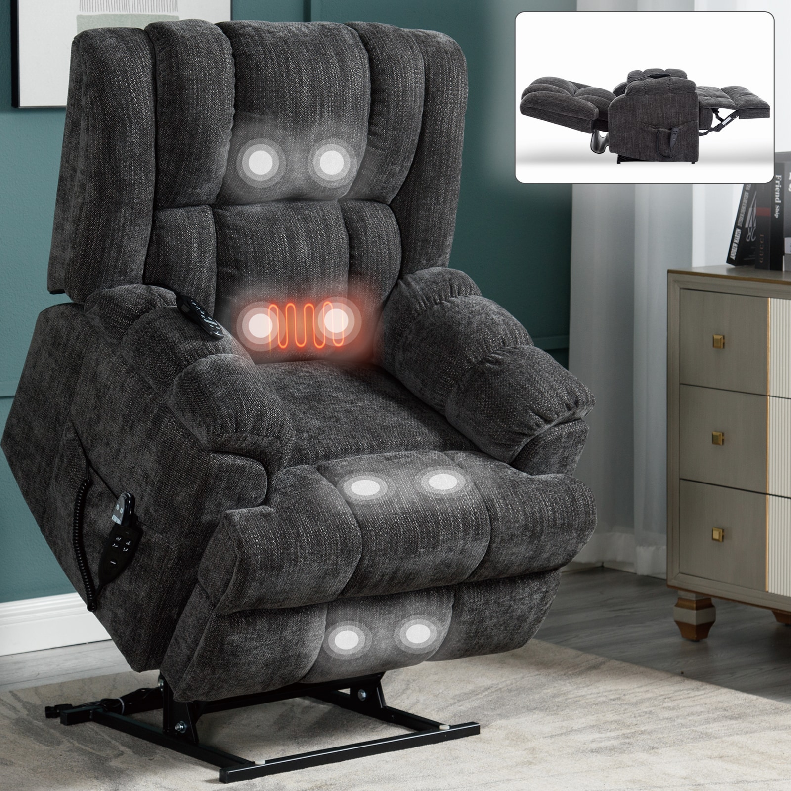 Tatayosi RY-4P288492 Grey Dual Motor Power Lift Recliner with Massage and Heat Heavy Duty 350 lbs Capacity Electric Lift Chair