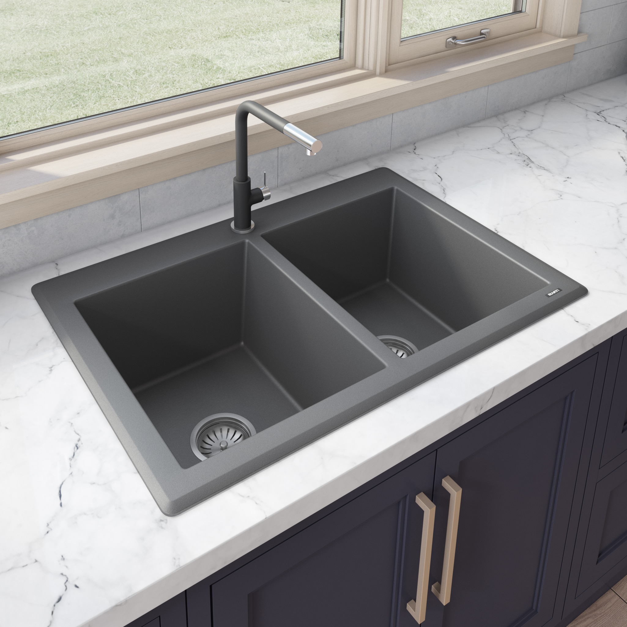 Allen + Roth Kenji Dual-Mount 33-in x 22-in Nero Granite Double Equal Bowl 3-Hole Kitchen Sink in Black | CLTN200DM13