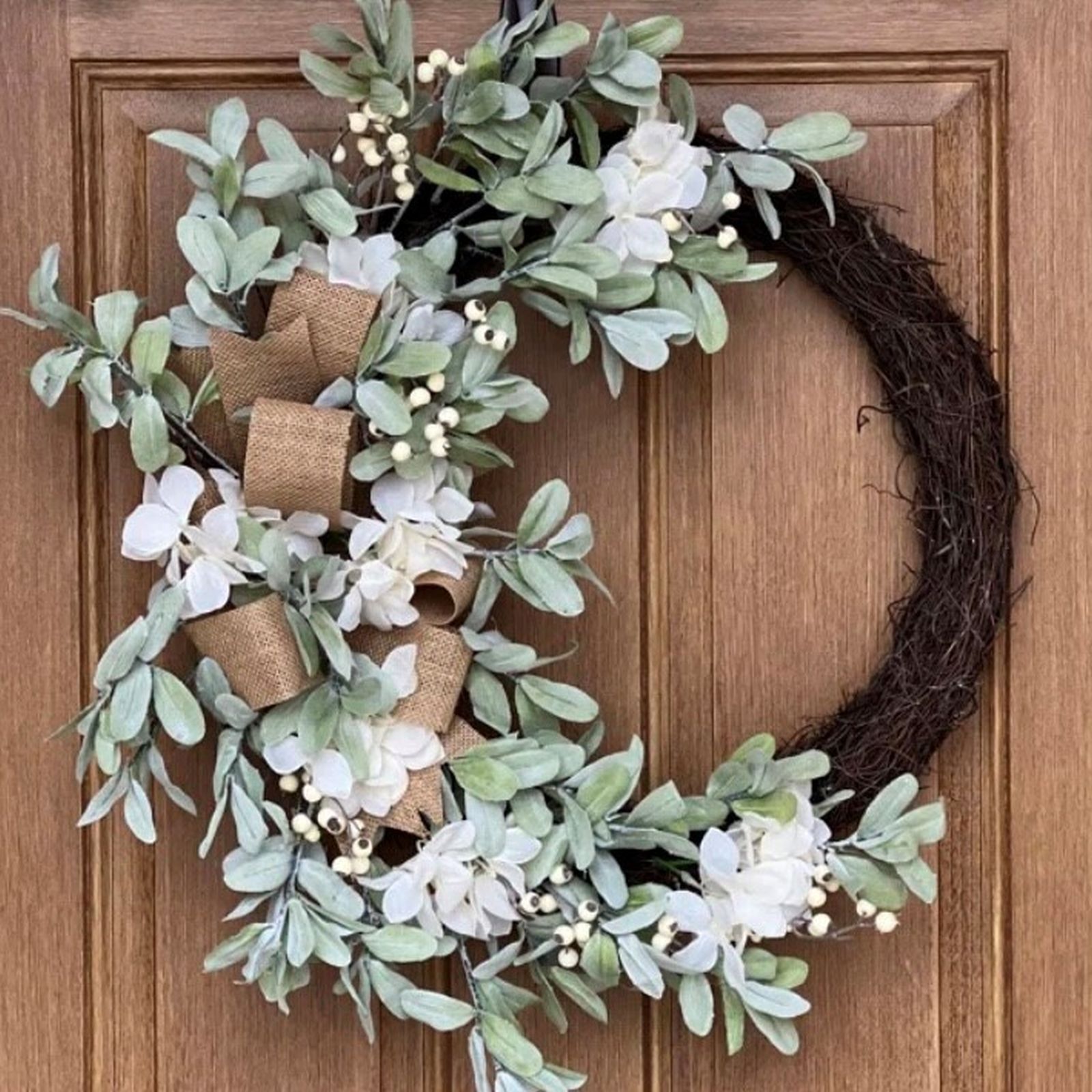 Crescent Grapevine Hydrangea Wreath with Burlap Bow - 28''