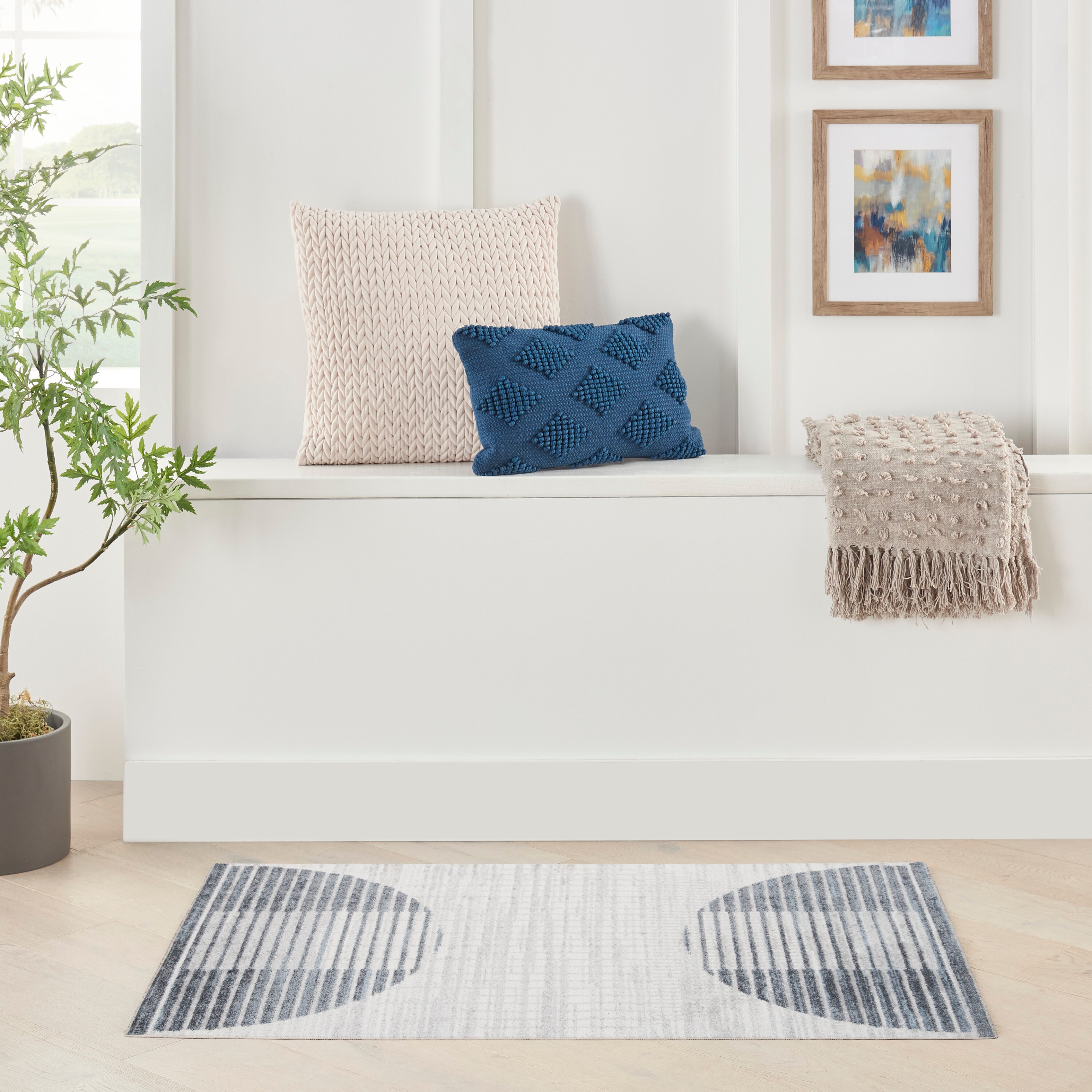Nourison 099446119735 Astra Machine Washable 3 x 5 (ft) Loomed Polyester Ivory Blue Rectangular Indoor Geometric Mid-Century Modern Machine washable Area rug