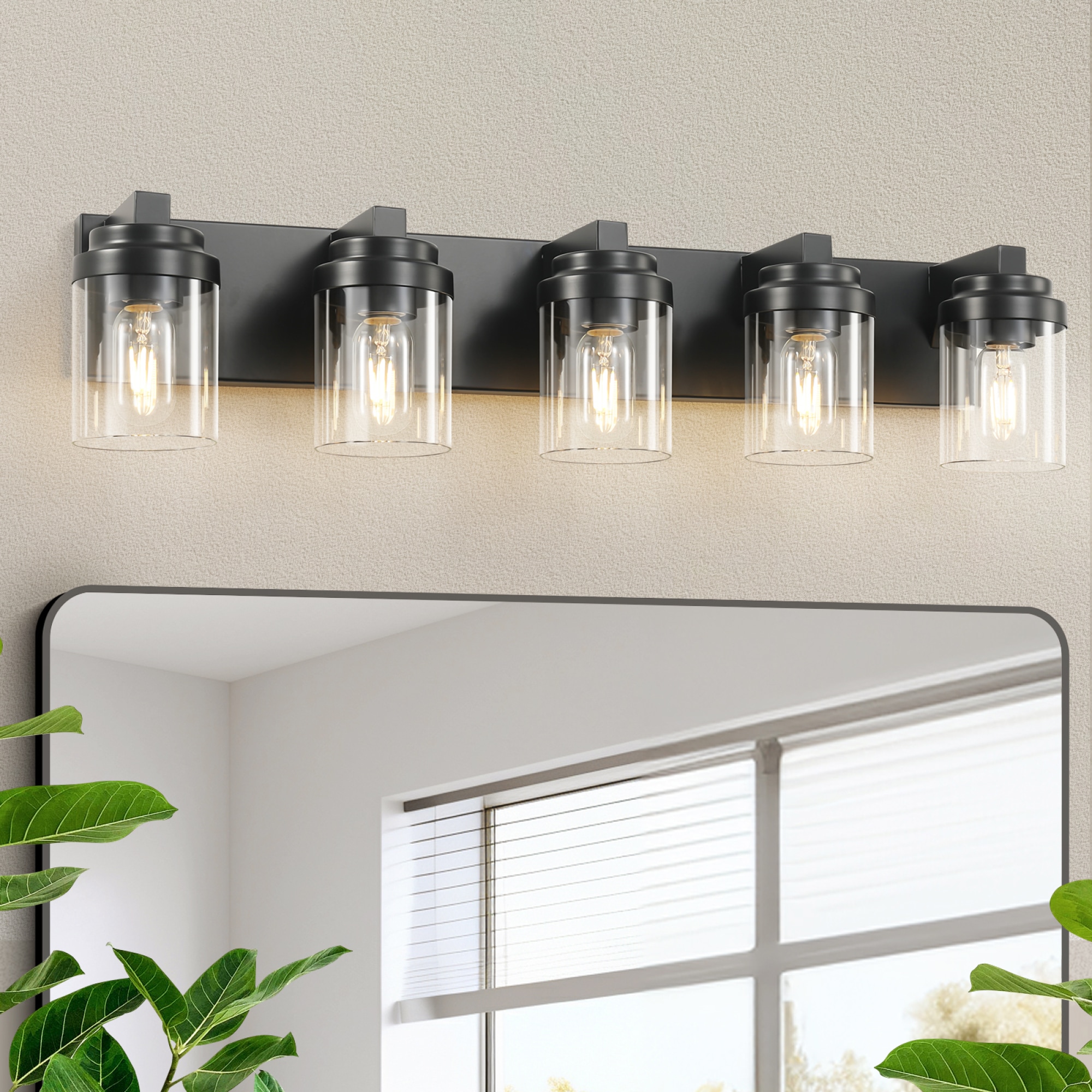 Trikiousd 31 in 5-Light Matte Black Vanity Light Fixture Black Farmhouse Style Bathroom Vanity Wall Sconce with Clear Glass Shades