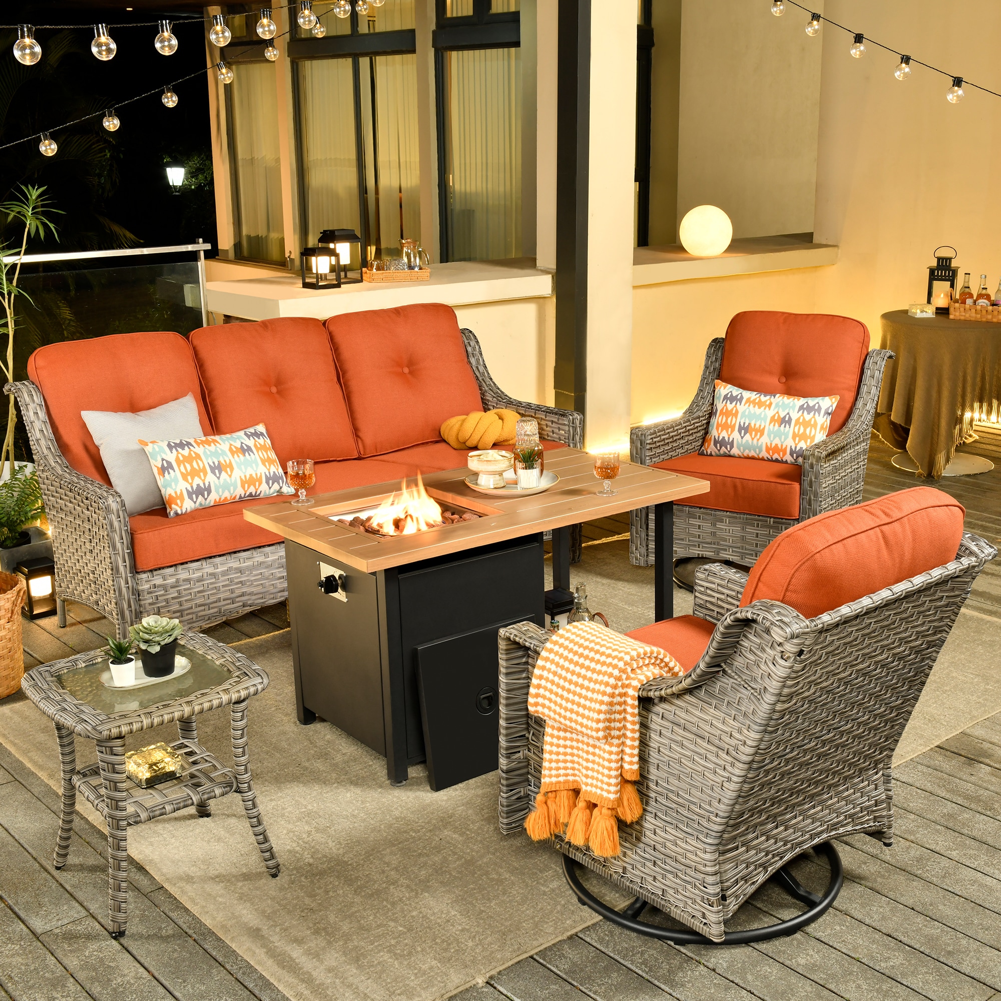 Ovios RFP11PD8C-4Y 5 -Piece Wicker Patio Sofa Conversation Set with Orange Cushions
