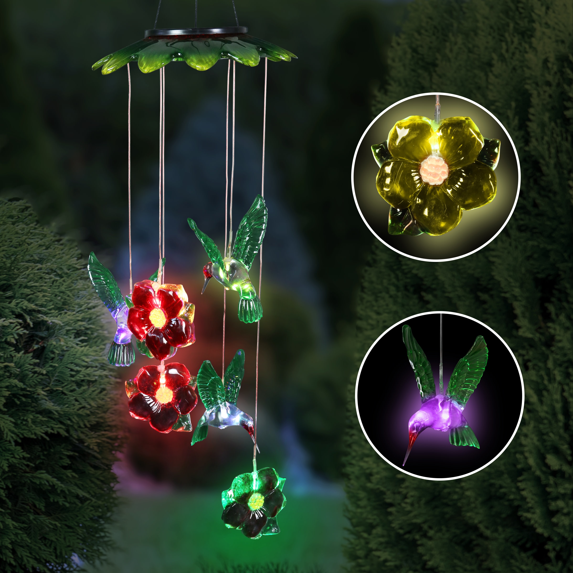 Exhart Hummingbirds and Flowers with 6 Color Changing LEDs Solar Mobile ...