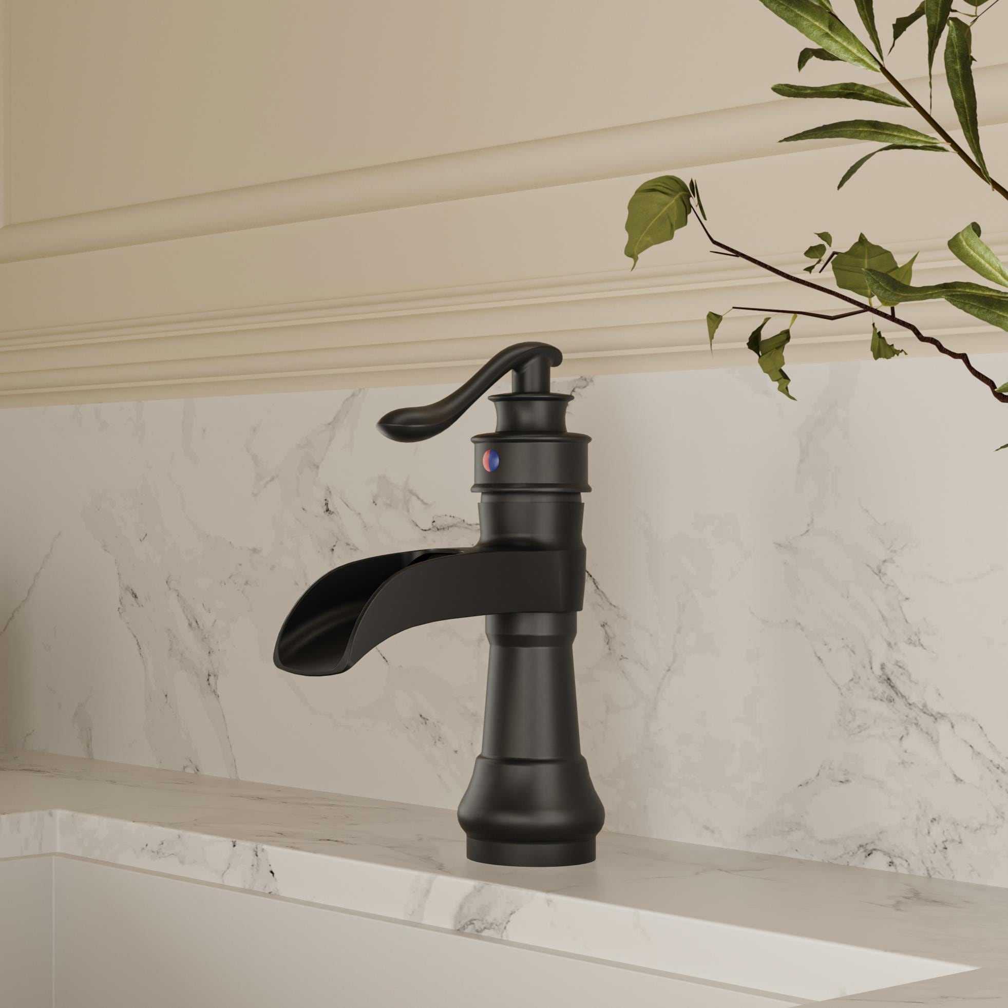 BWE Matte Black Single hole 1-handle WaterSense Waterfall Commercial/Residential Handle Bathroom Sink Faucet with Drain with Deck Plate