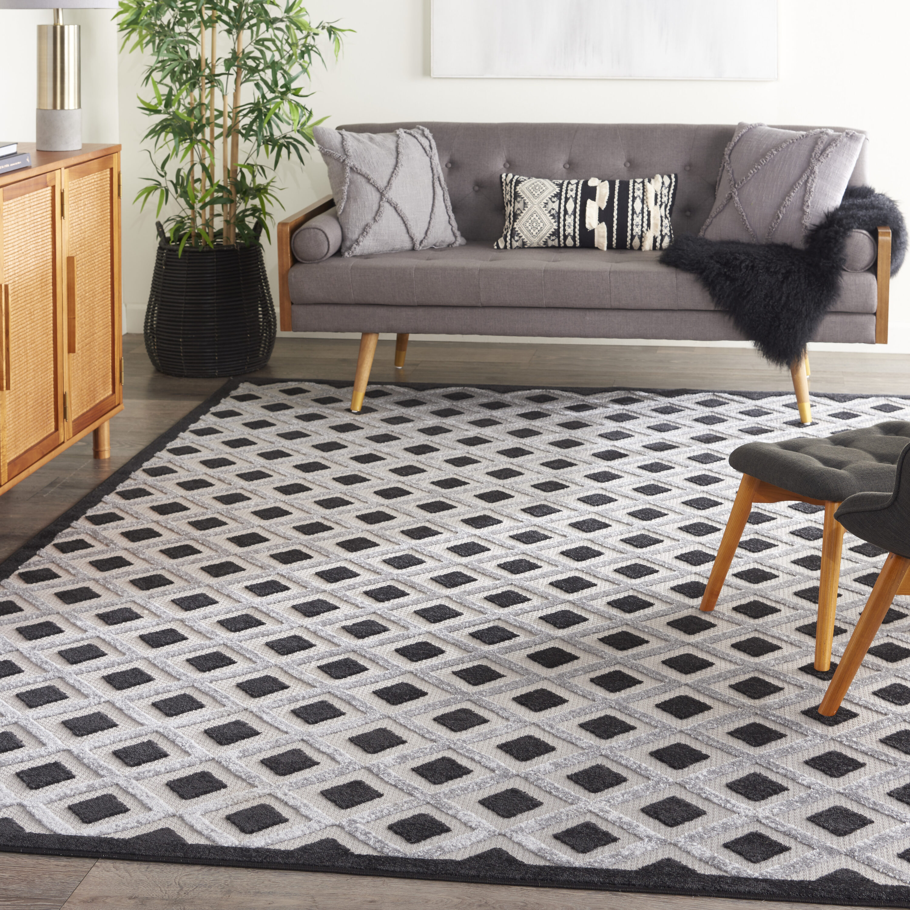 Nourison 99446829900 Aloha 9 x 12 (ft) Loomed Polypropylene Black White Rectangular Indoor/Outdoor Geometric Area rug