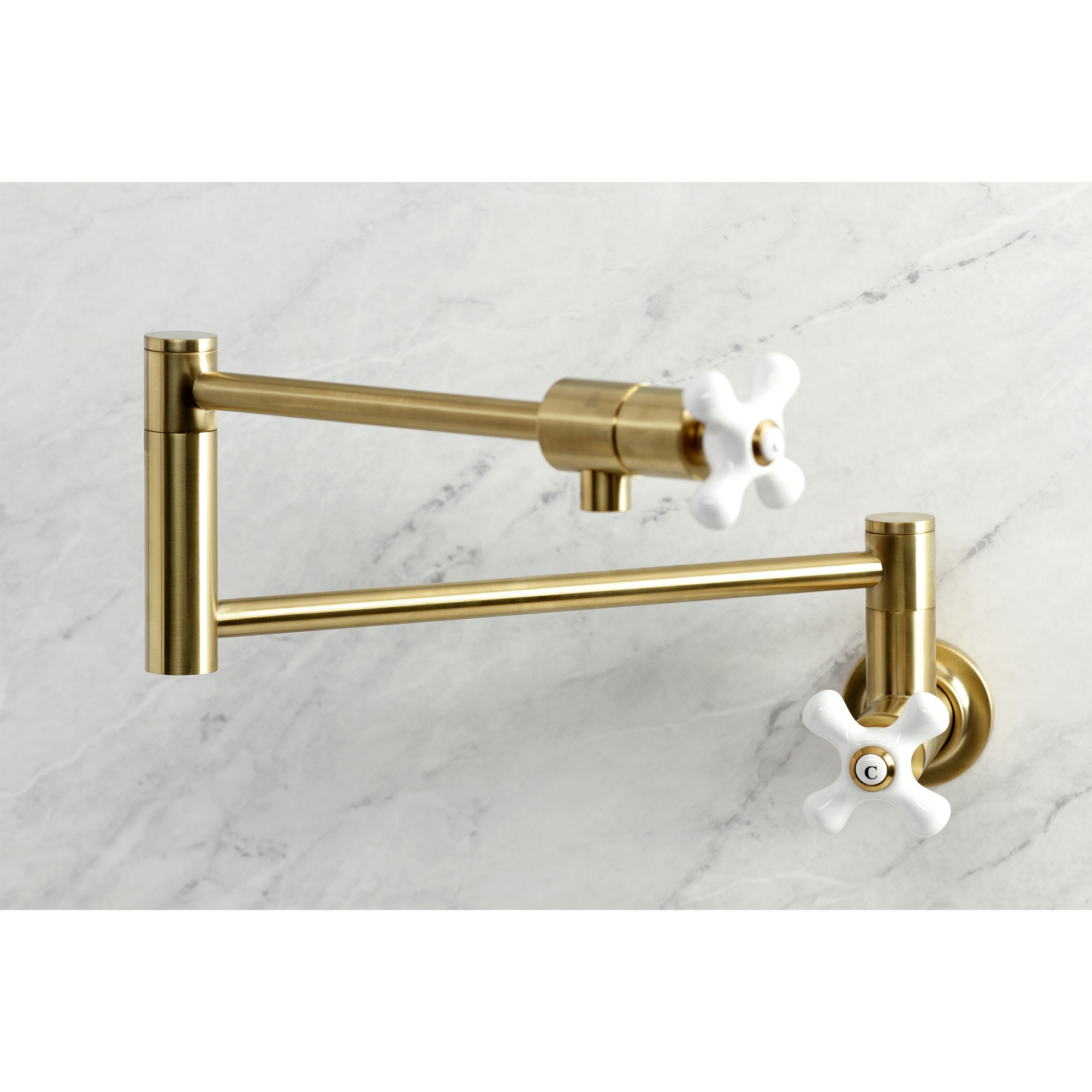 Kingston Brass WLKS4107PX Metropolitan Brushed brass Double Handle Wall-mount Pot Filler Kitchen Faucet with Sprayer