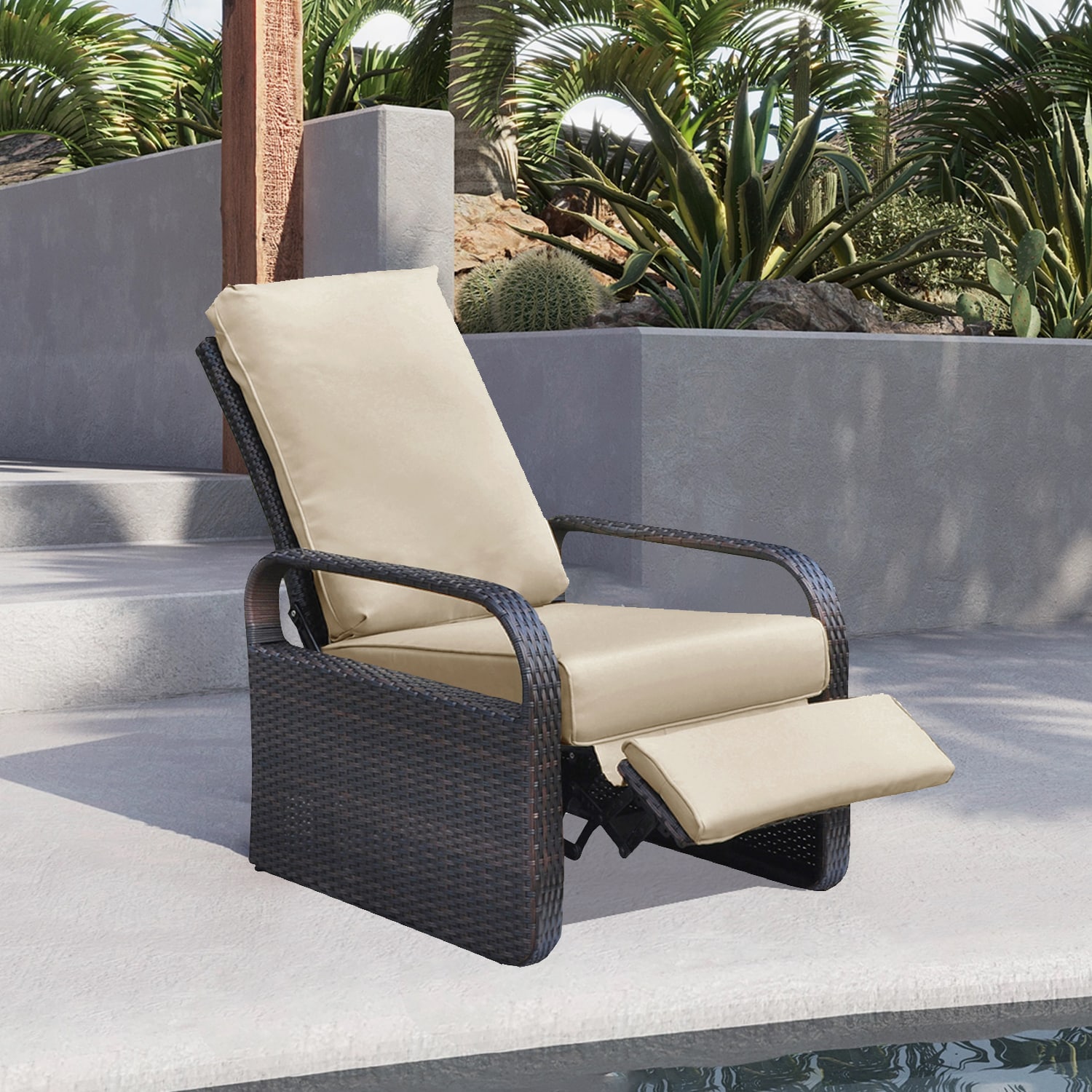 Maincraft D01-OLC28 Rattan Brown Aluminum Frame Stationary Recliner Chair with Off-white Cushioned Seat