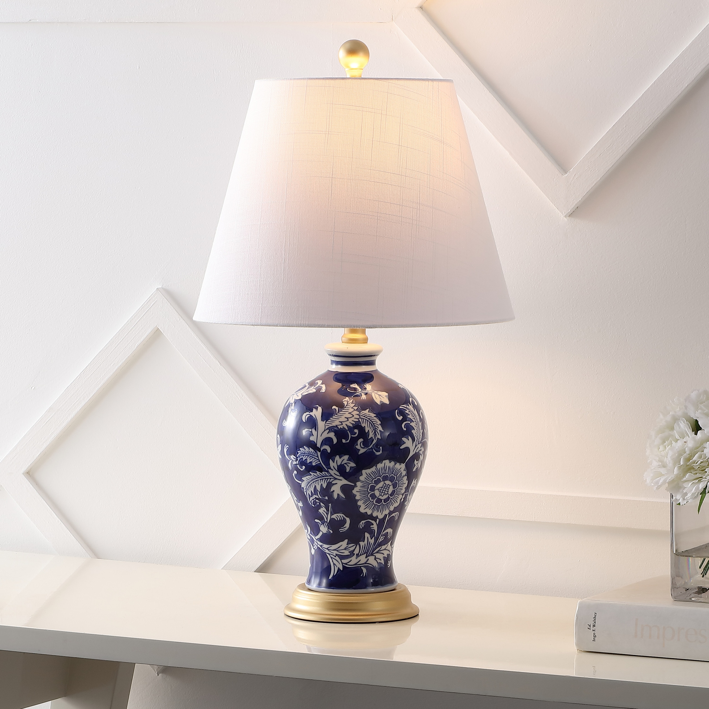 JONATHAN  Y JYL3009E Grace Chinoiserie Floral Urn Ceramic/Iron 24-in Navy/White LED Rotary socket Table Lamp with Linen Shade