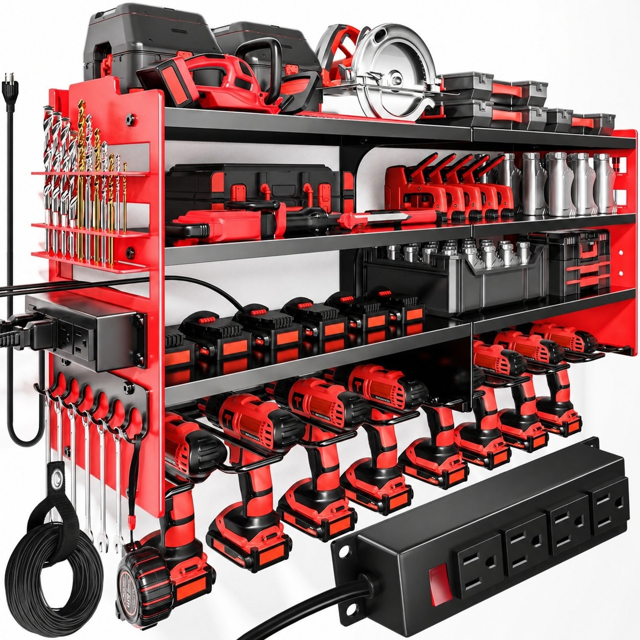 Oyezvary  Power Tool Organizer Wall Mount with Charging Station 8 Outlet Power Strip Heavy Duty Metal Rack 4 Drill Holder 2 Shelves Hooks for