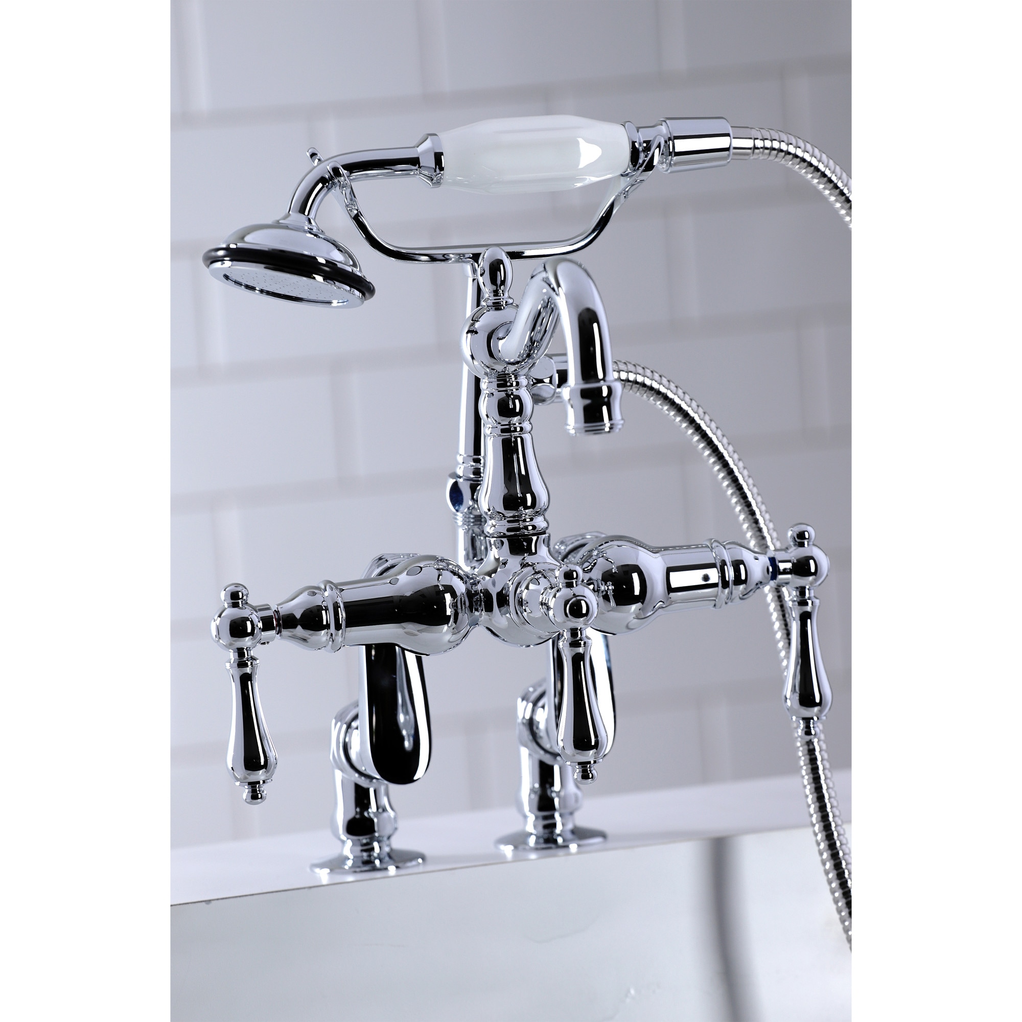 Kingston Brass WLCC6014T1 Vintage Polished chrome 3-handle Deck-mount Roman High-arc Bathtub Faucet with Hand Shower ( Valve Included )