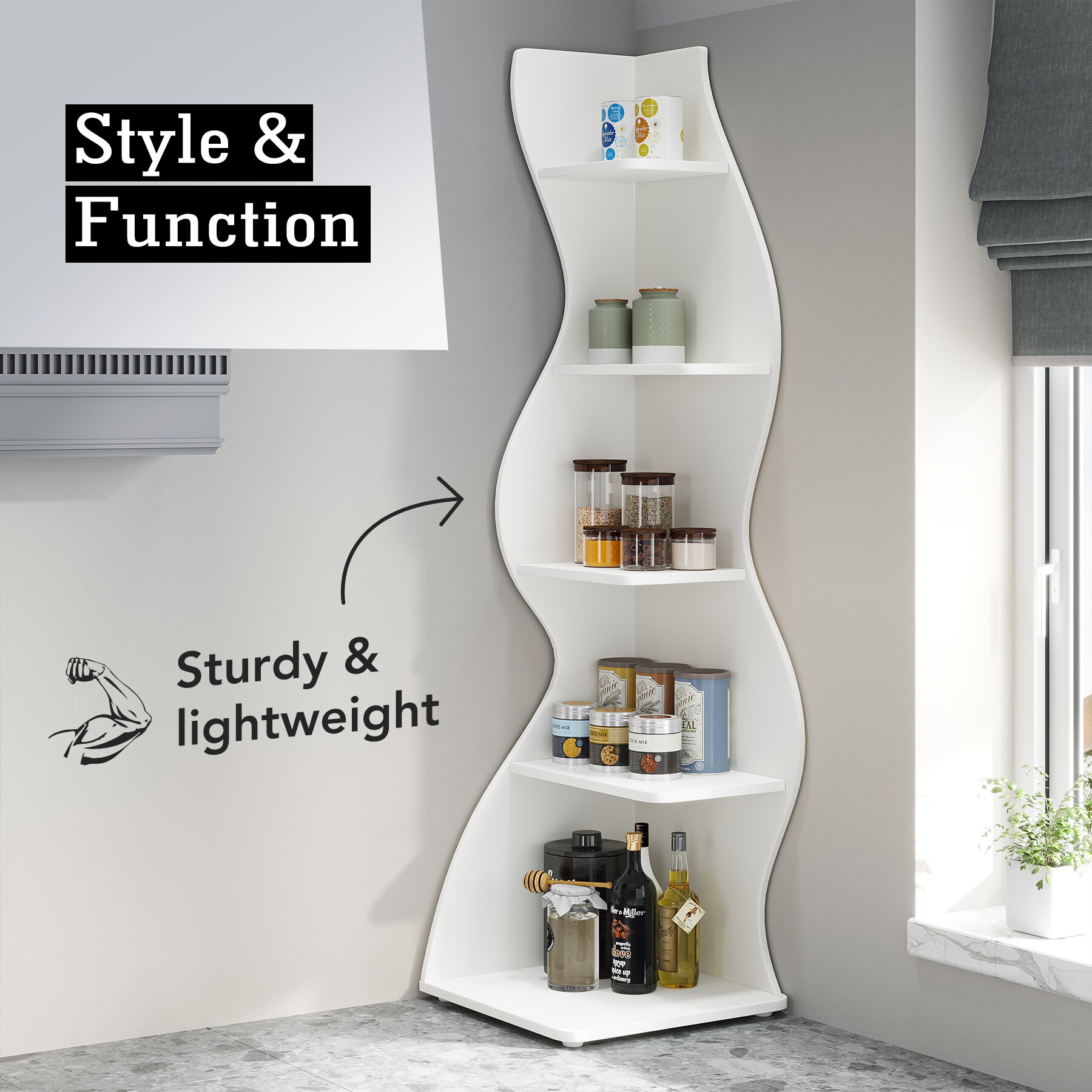 Tribesigns Seagrass-Like Design White MDF 5 -Shelf Corner Bookcase ( 19.68-in W x 71.85-in H x 19.68-in D ) Painted