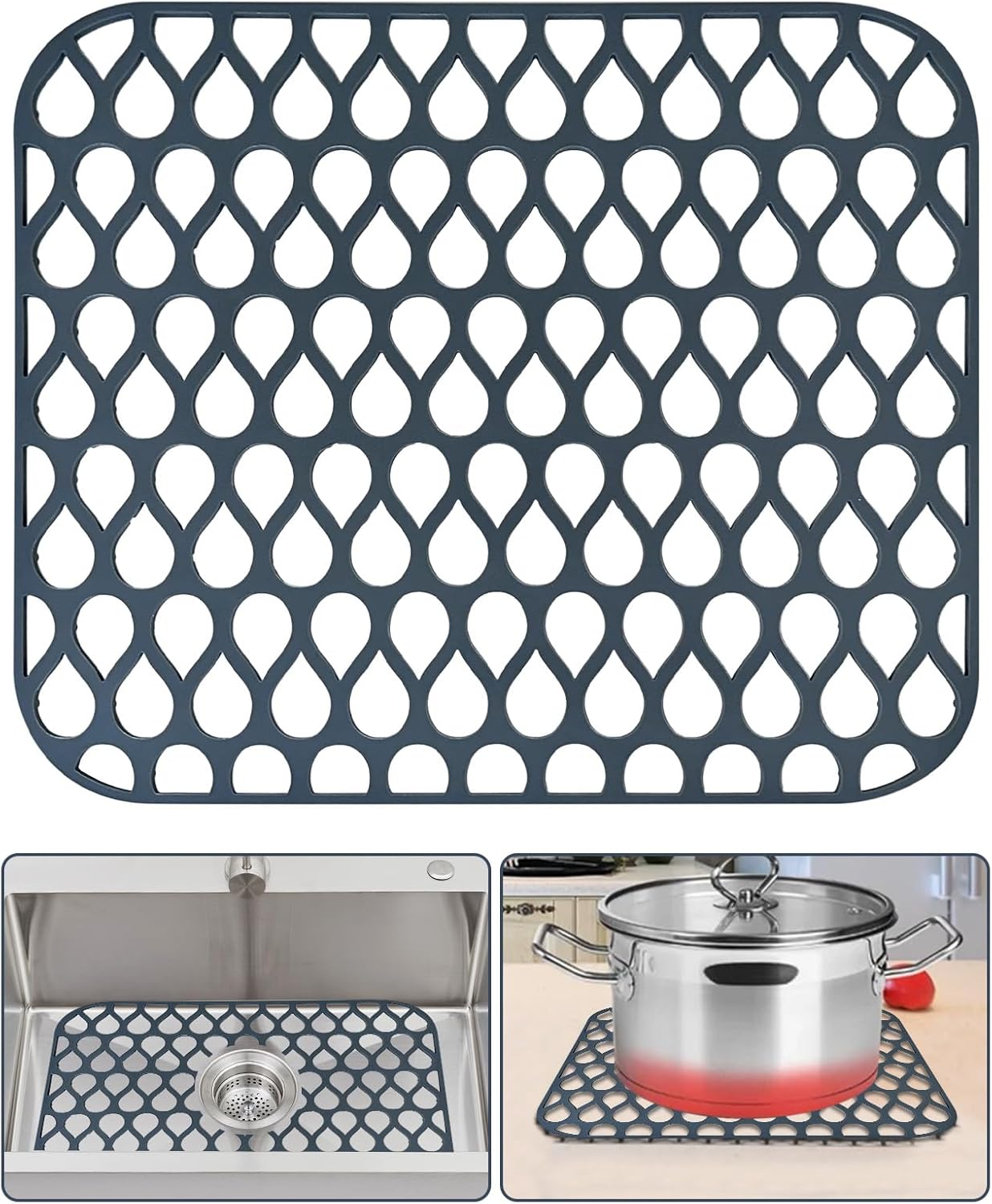 Idealhouse 14 in x 12 in Non Slip Heat Resistant Silicone Sink Protector Mat for Stainless Steel Folding Farmhouse Rear Drain Sink Mats Grey