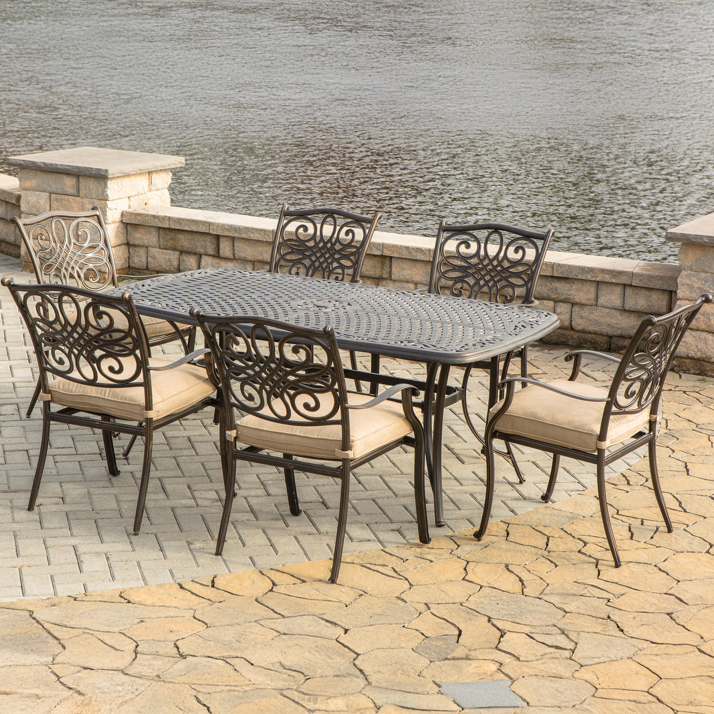 Hanover TRADITIONS7PC Traditions 7 -Piece Bronze Patio Dining Set Aluminum Rectangle Table with 6 Tan Cushions Stationary Chairs